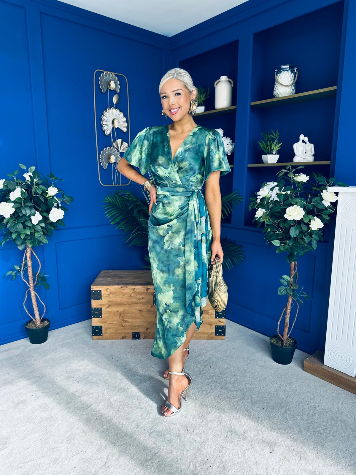 Drew Puff Sleeve Midi Dress Marble Green