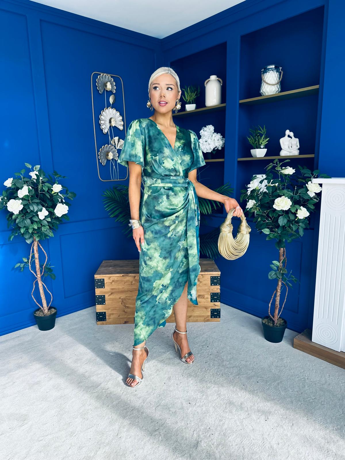 Drew Puff Sleeve Midi Dress Marble Green
