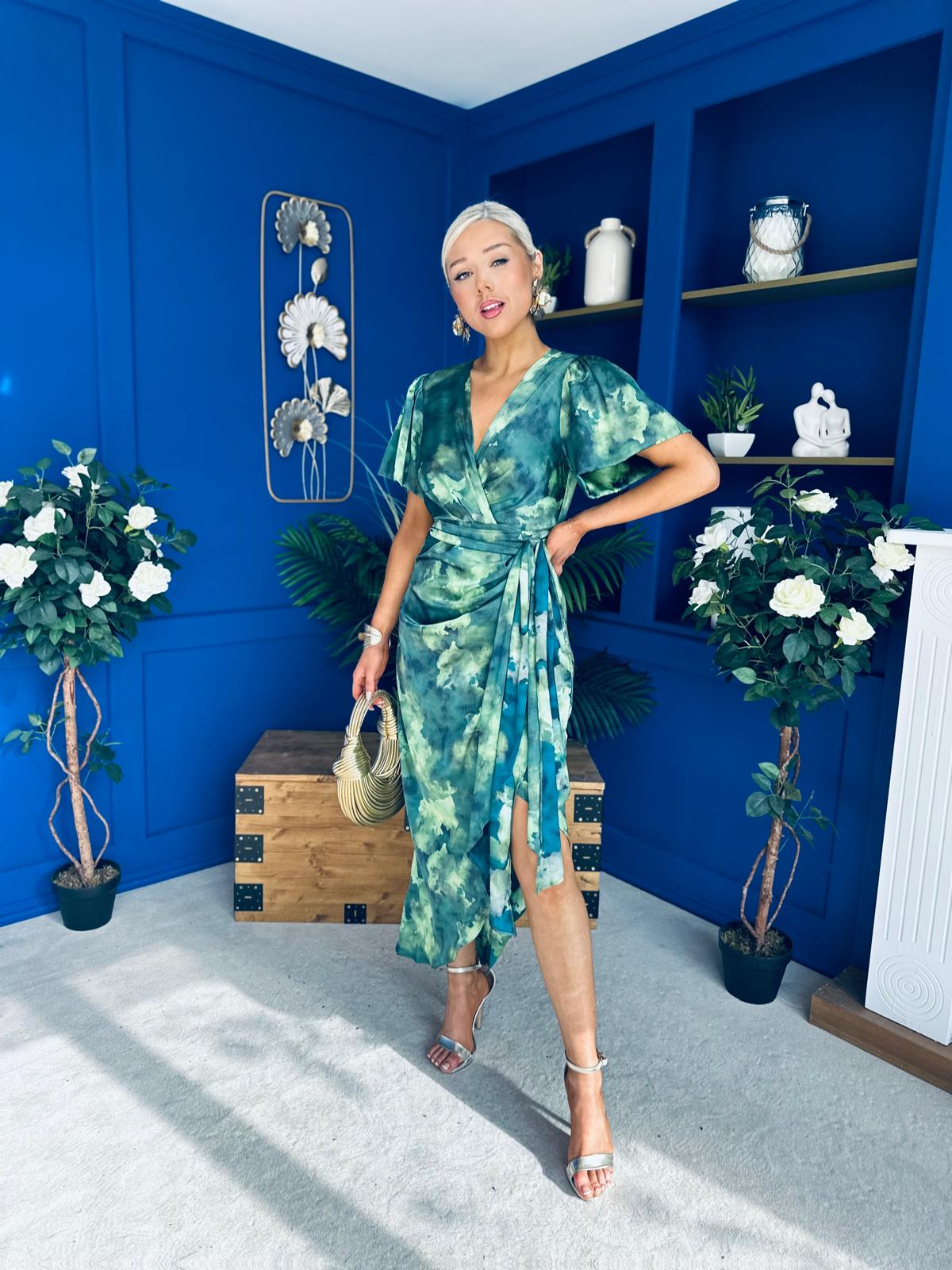 Drew Puff Sleeve Midi Dress Marble Green