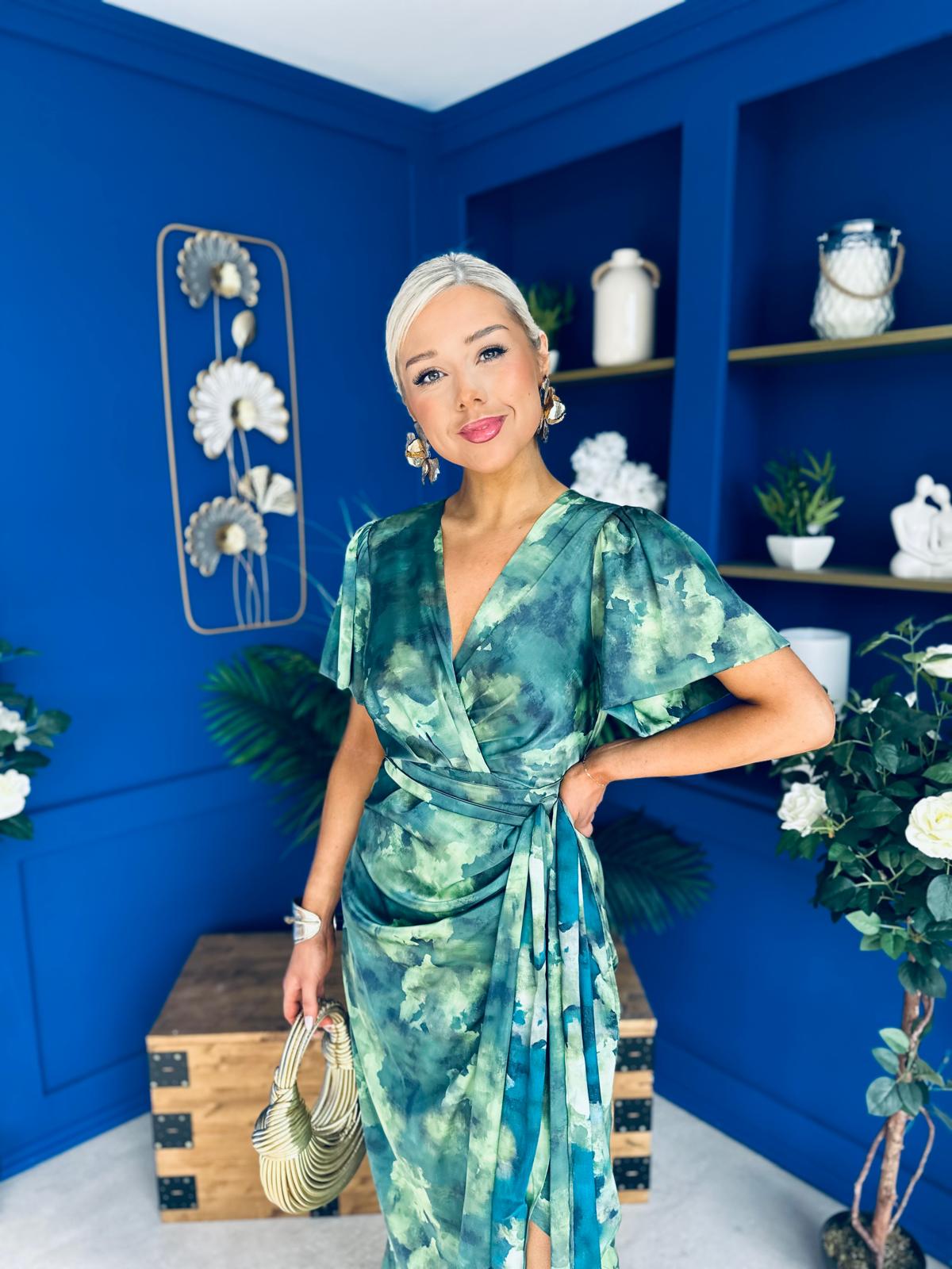 Drew Puff Sleeve Midi Dress Marble Green