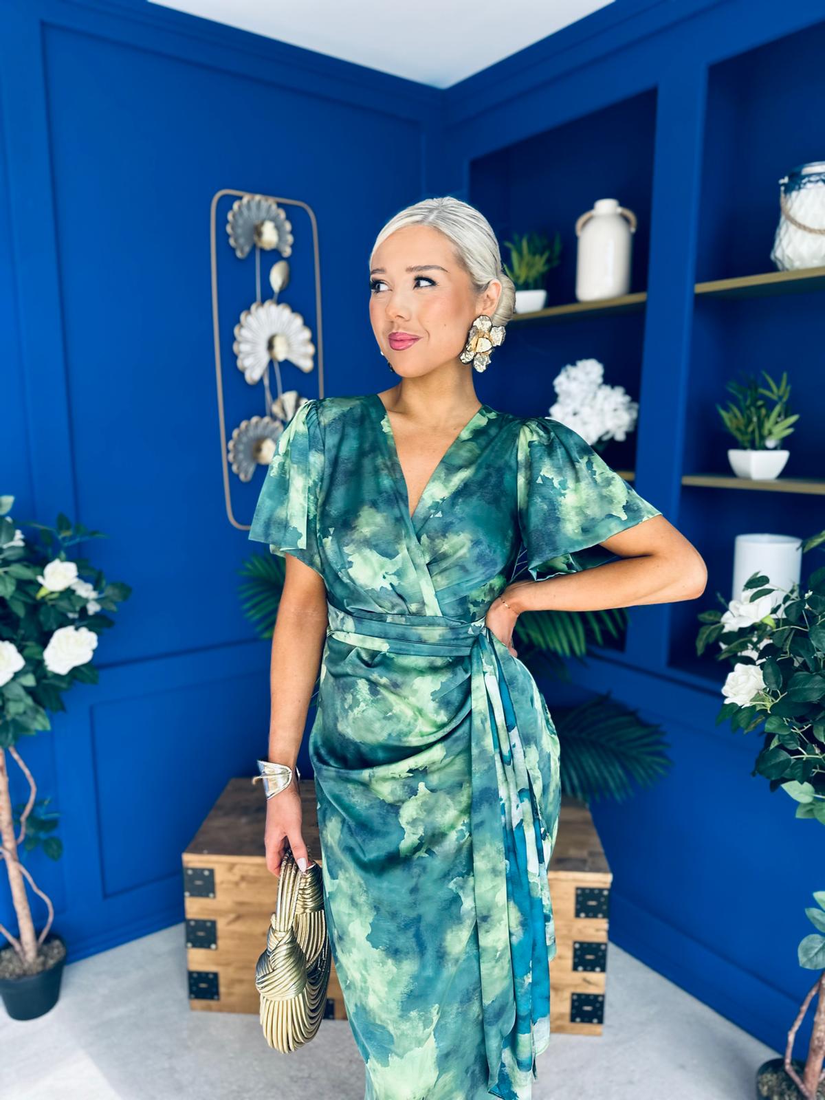 Drew Puff Sleeve Midi Dress Marble Green