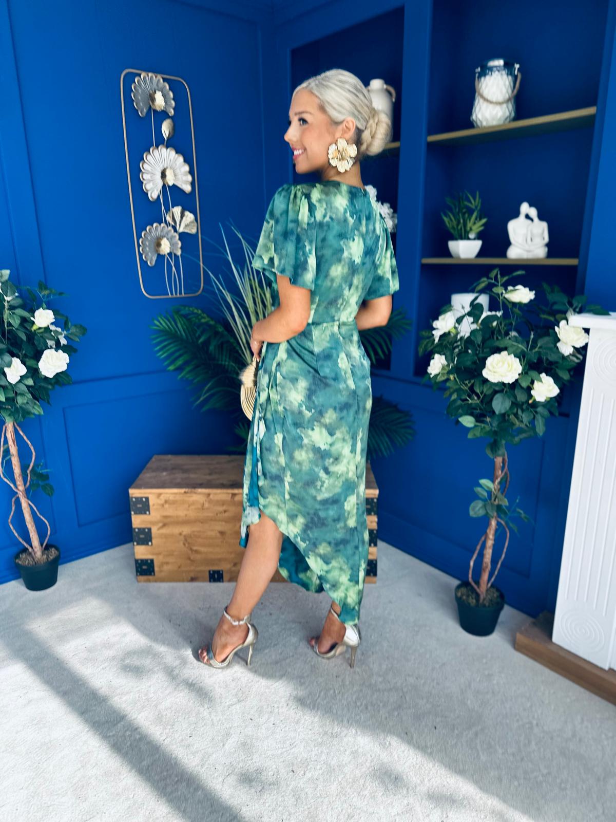 Drew Puff Sleeve Midi Dress Marble Green