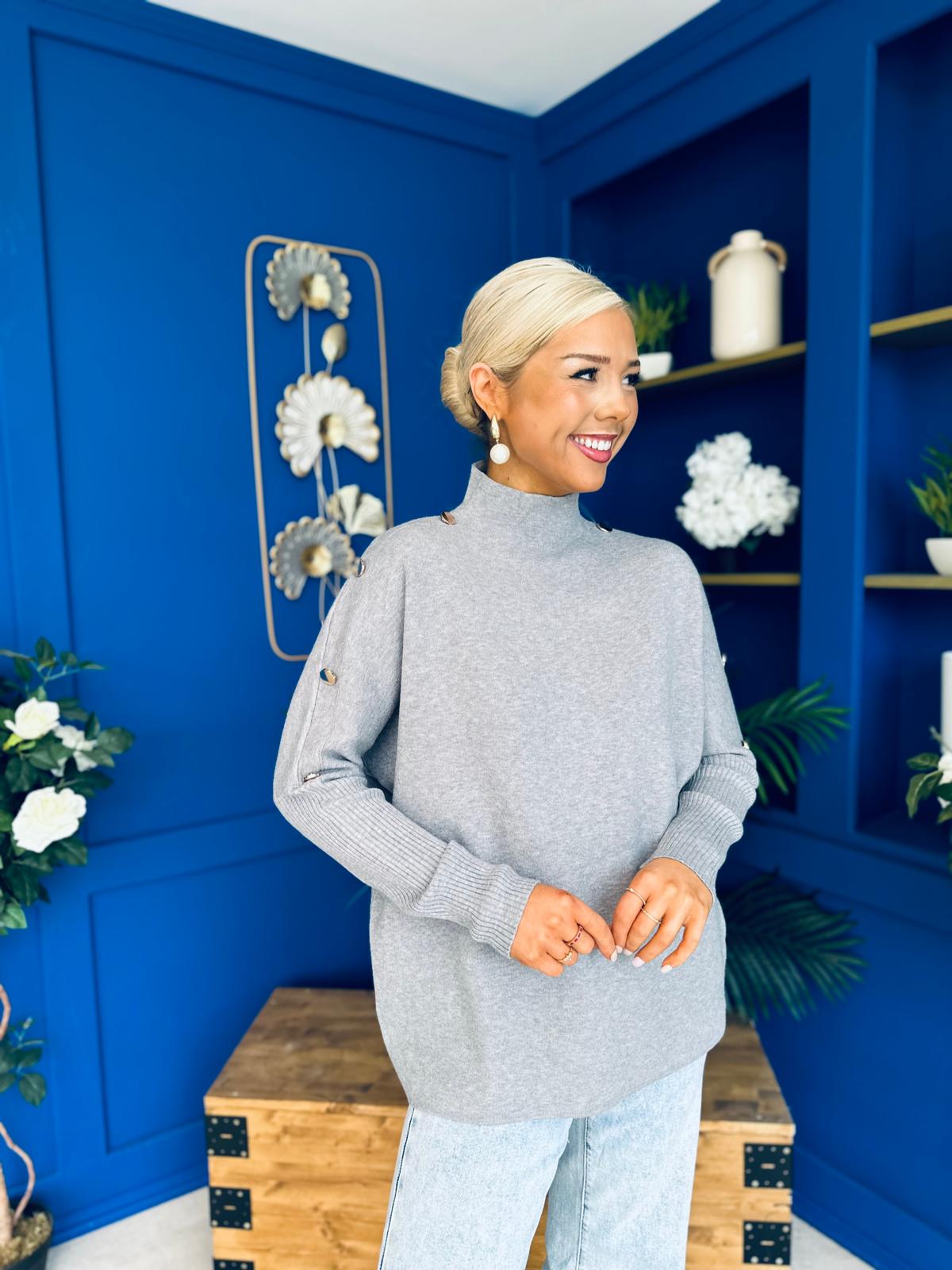 Denise Button Detail Knit Jumper Grey
