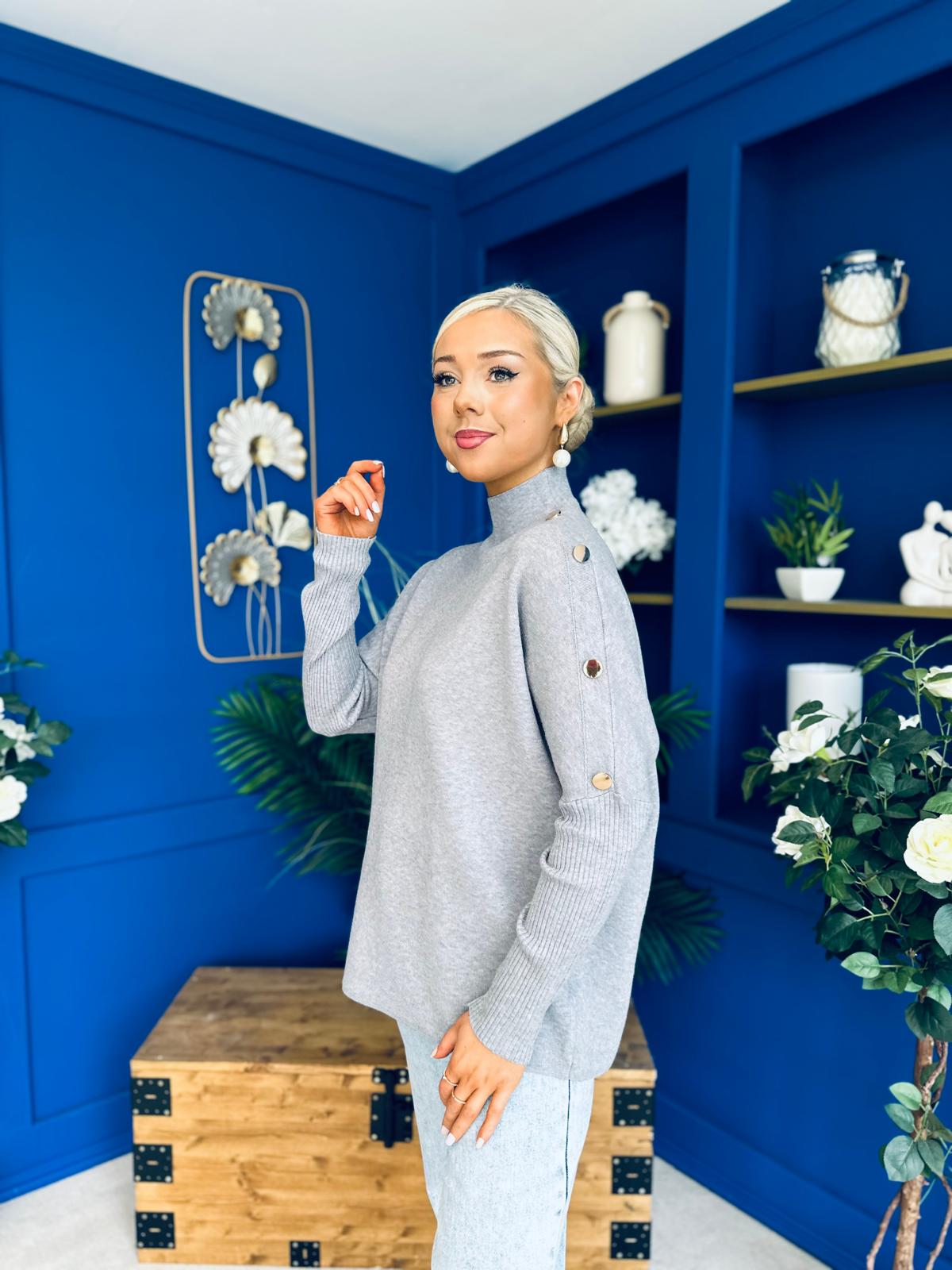 Denise Button Detail Knit Jumper Grey