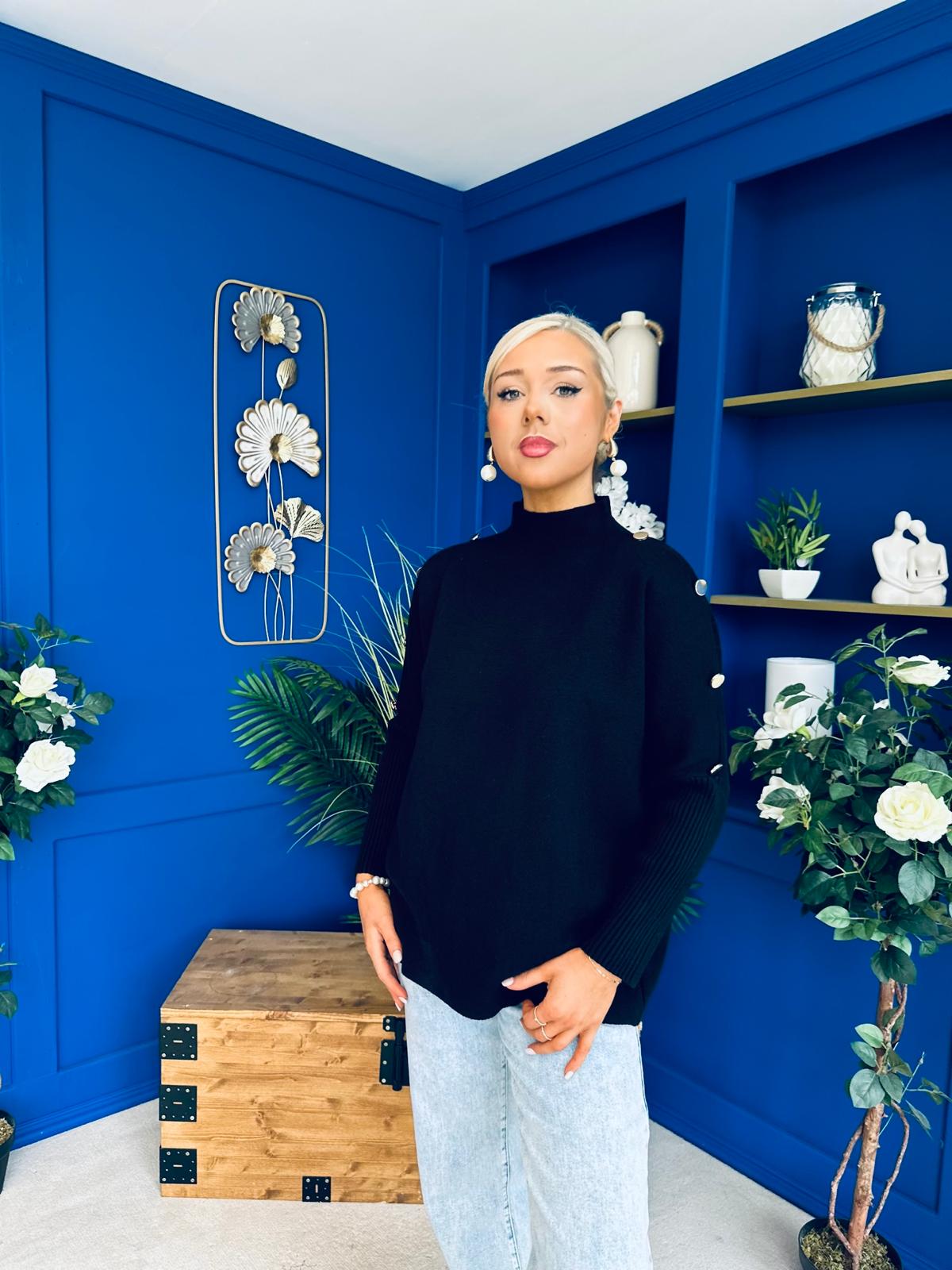 Denise Button Detail Knit Jumper Black