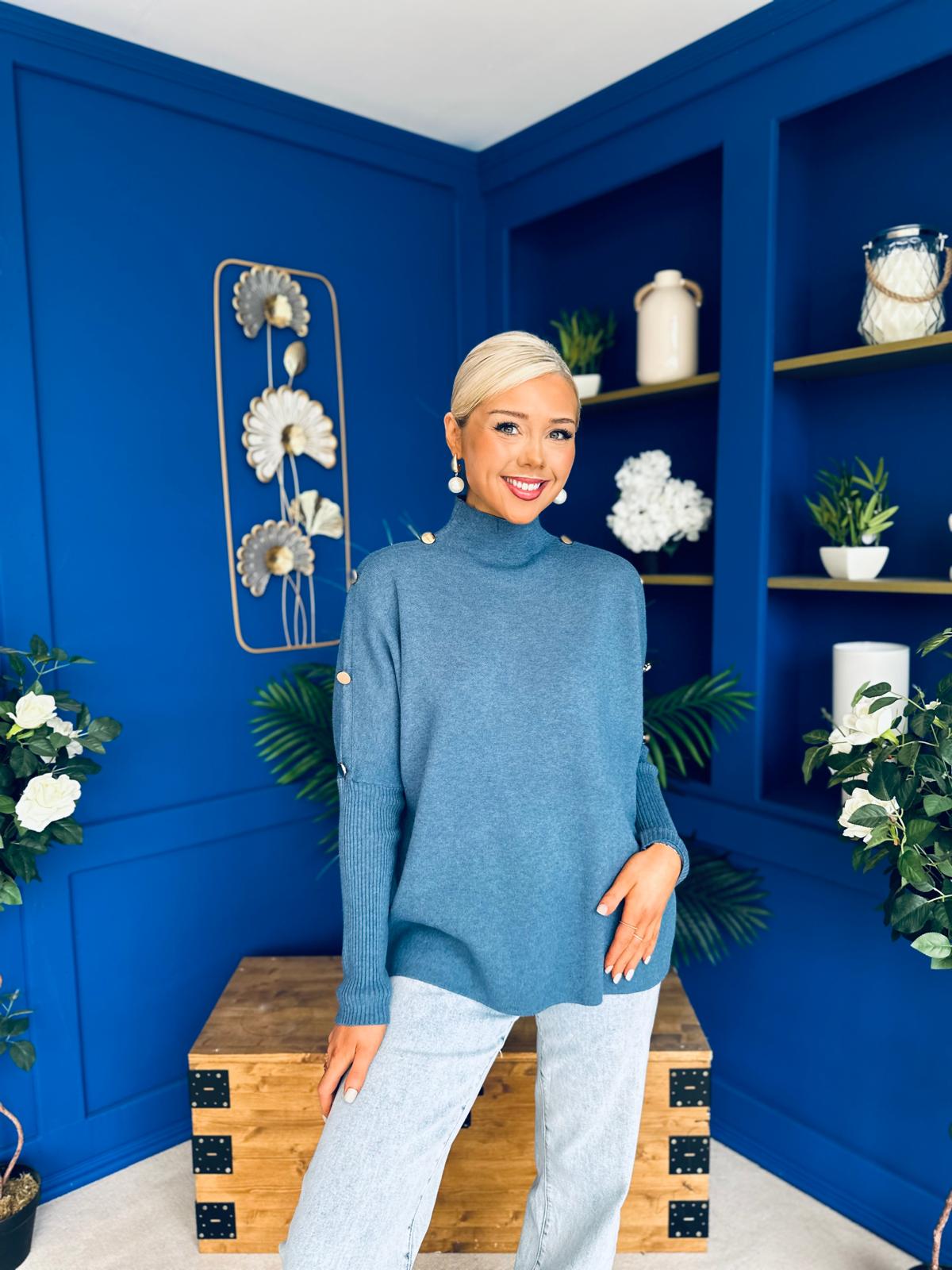 Denise Button Detail Knit Jumper Blue