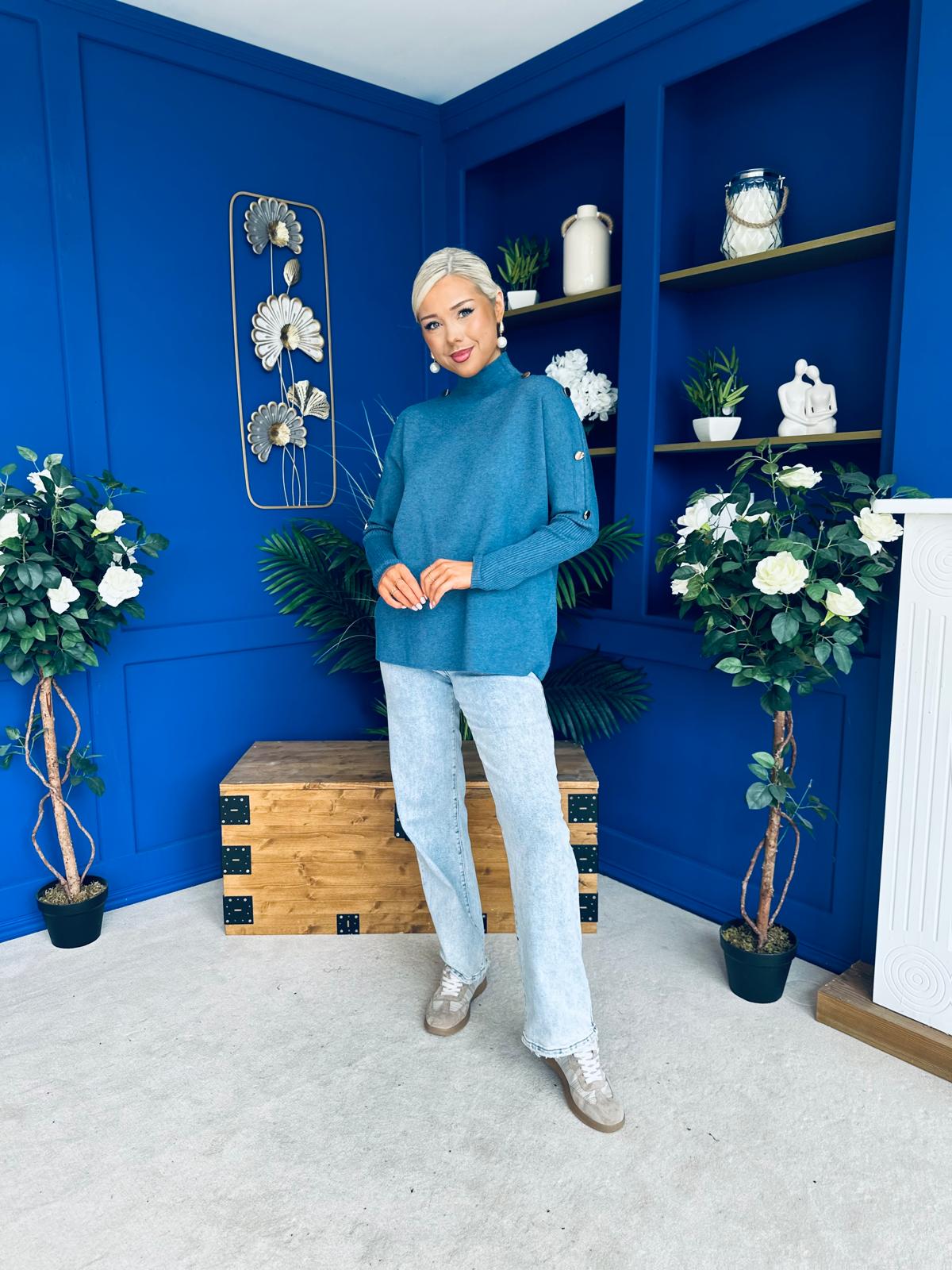 Denise Button Detail Knit Jumper Blue