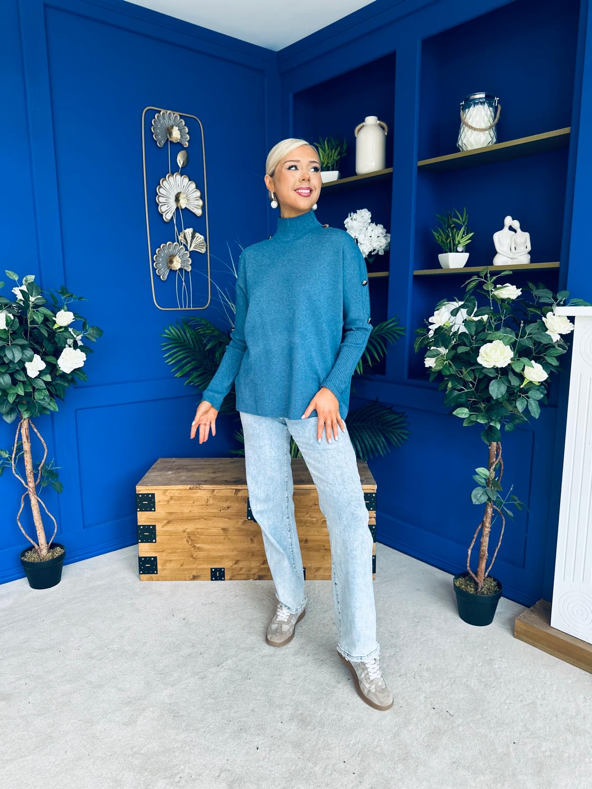 Denise Button Detail Knit Jumper Blue
