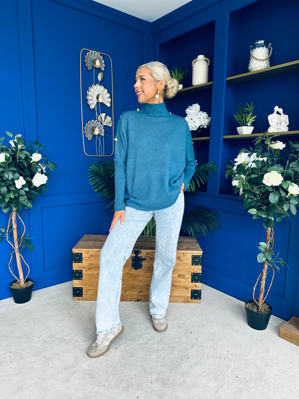 Denise Button Detail Knit Jumper Blue