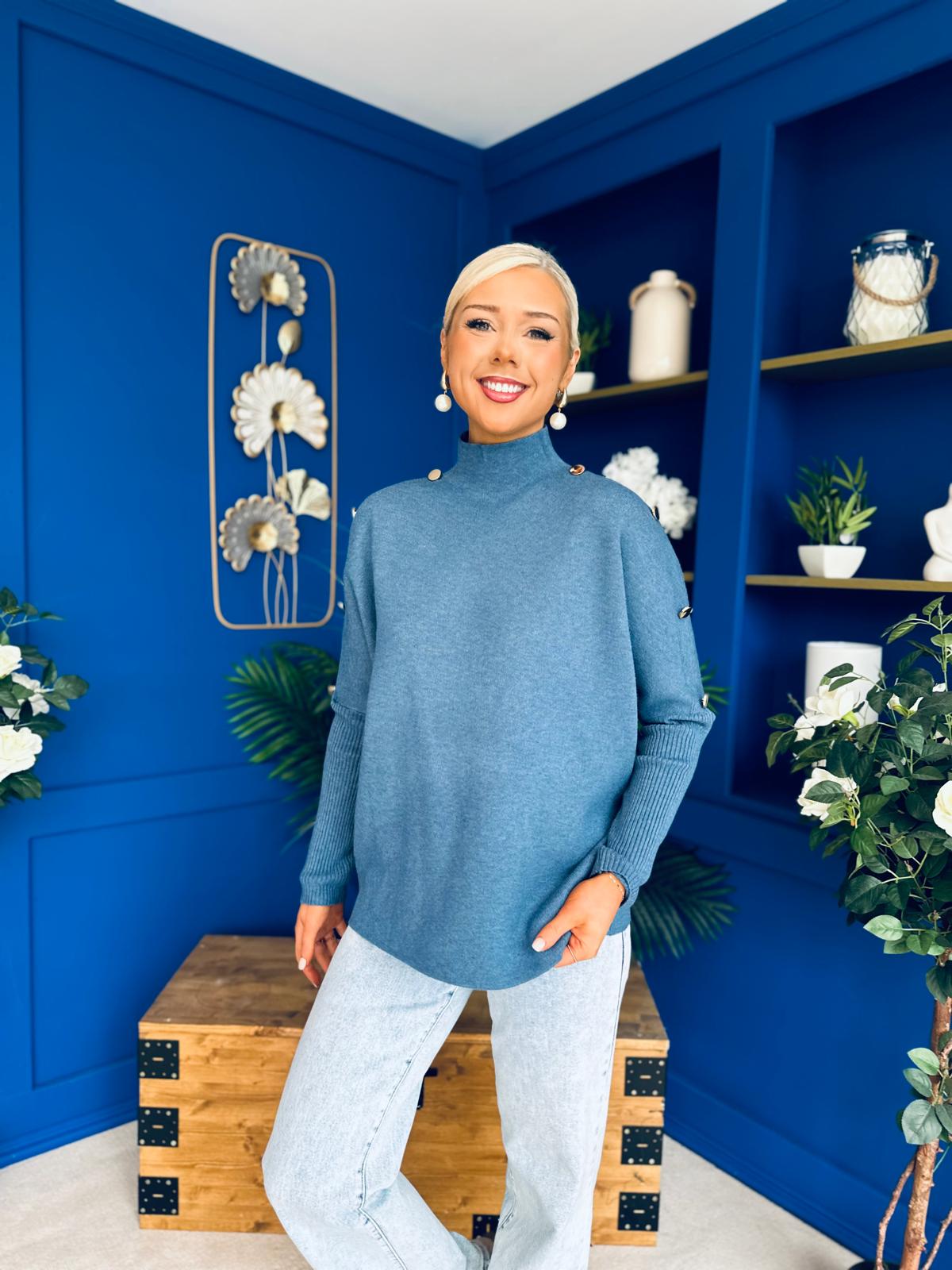 Denise Button Detail Knit Jumper Blue