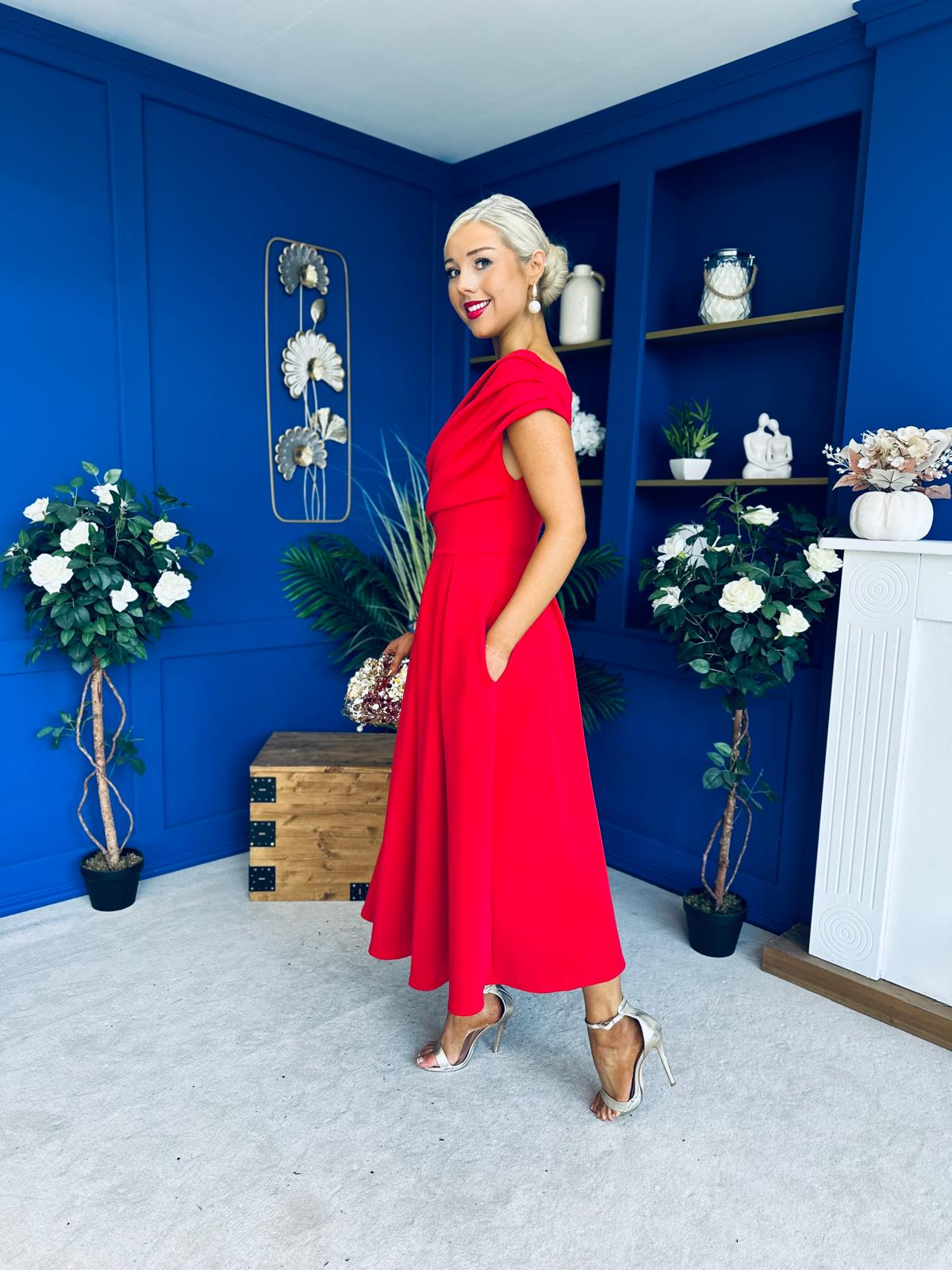 Breffy Asymmetric Neckline Skater Midi Red PRE ORDER Arriving Oct 3