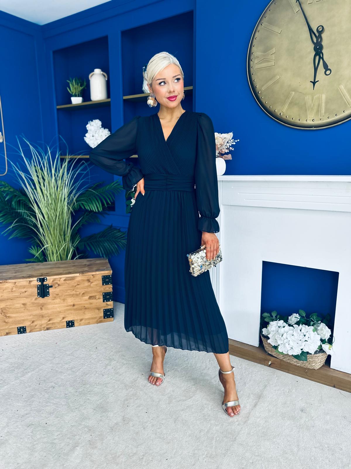 Kendall Pleated Midi Dress Navy