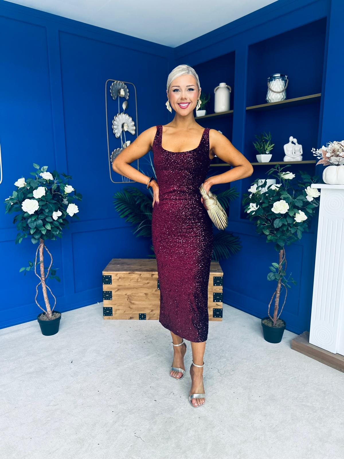 Mabel Sequin Occasion Dress Burgundy