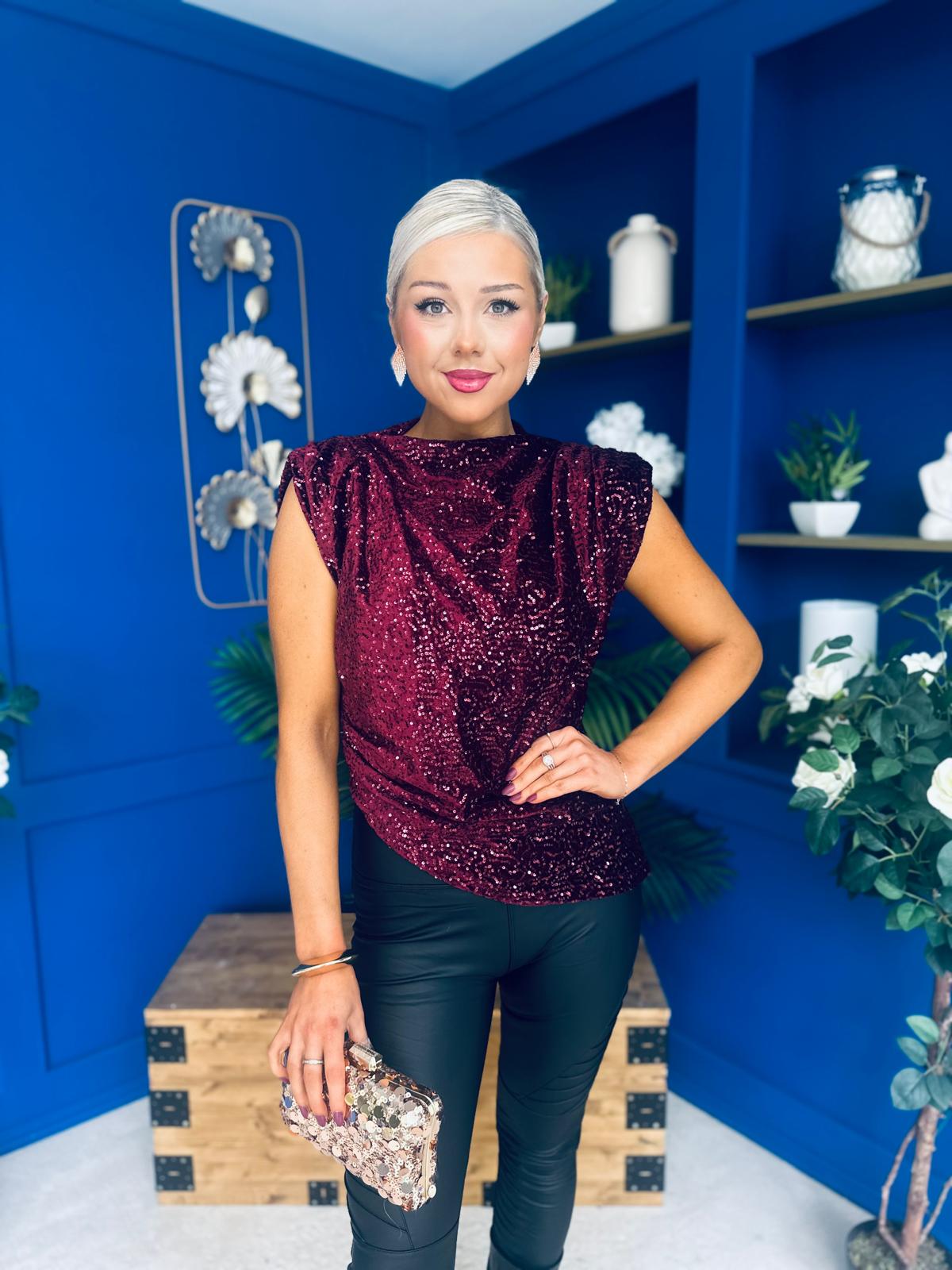 Yvette Detailed Sequin Longline Top Burgundy