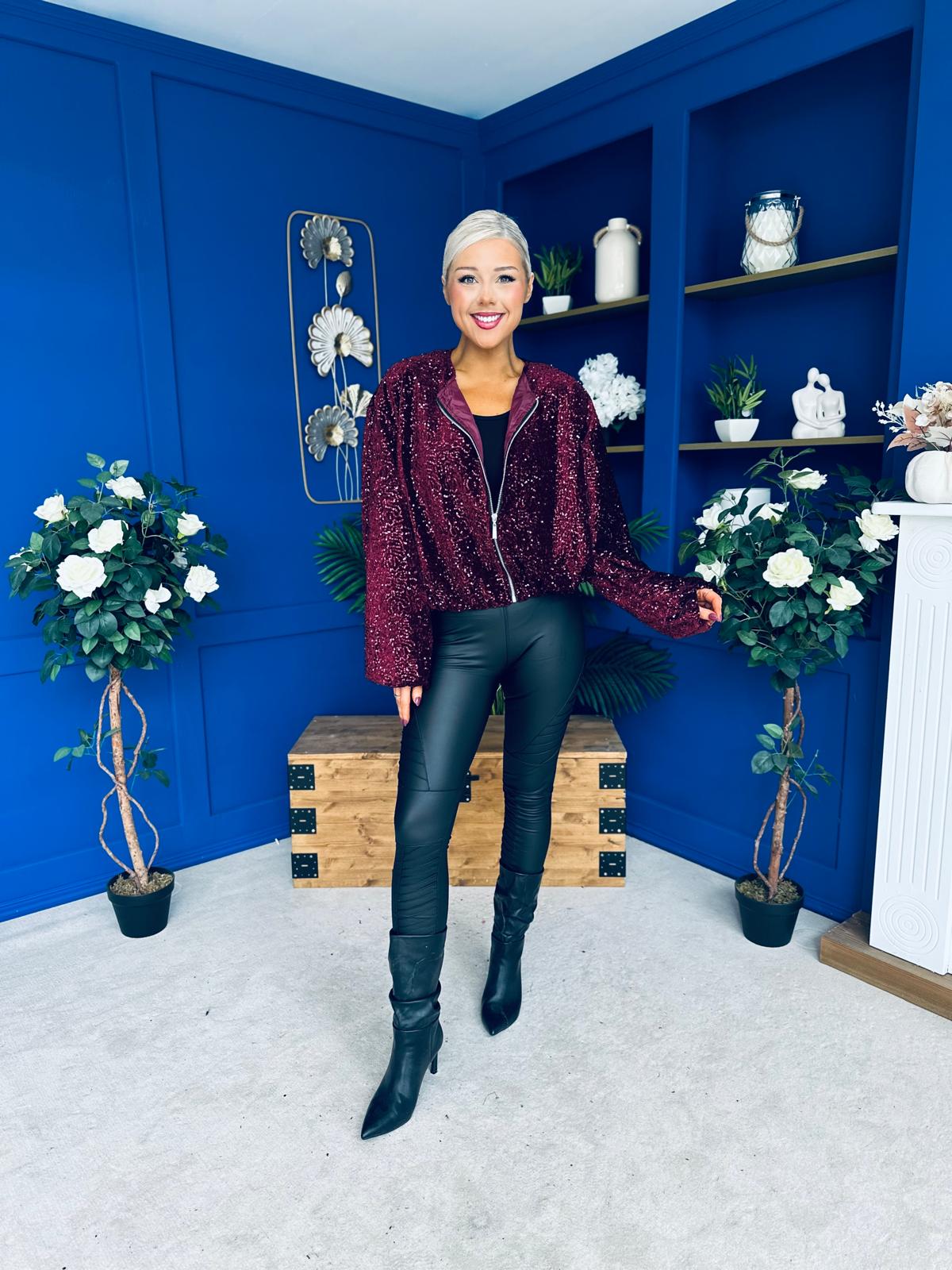 Cody Sequin Bomber Jacket Burgundy