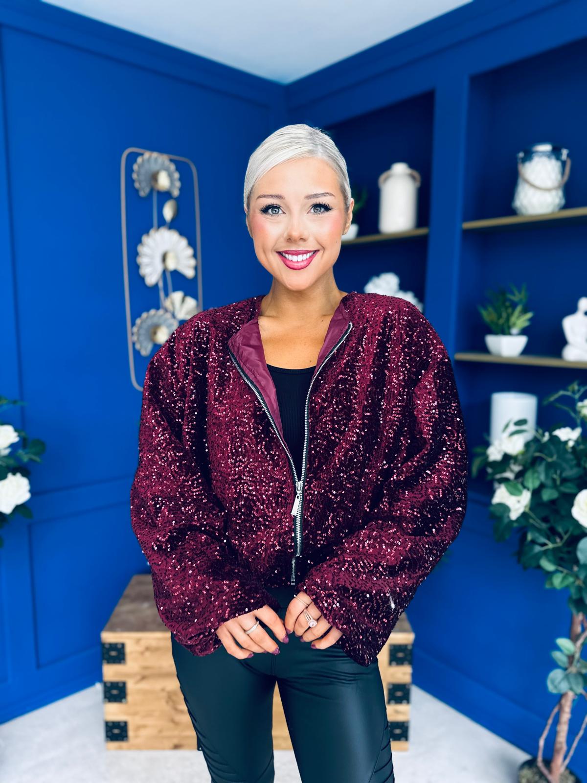 Cody Sequin Bomber Jacket Burgundy