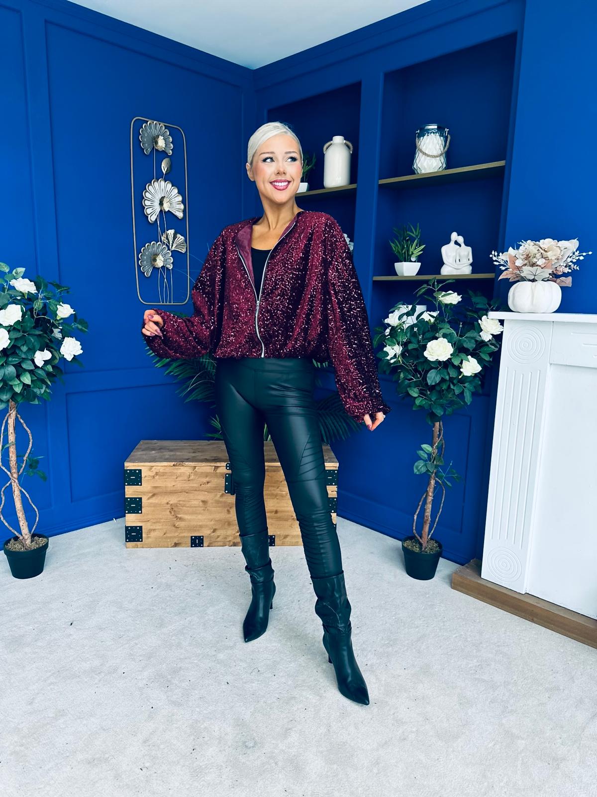 Cody Sequin Bomber Jacket Burgundy