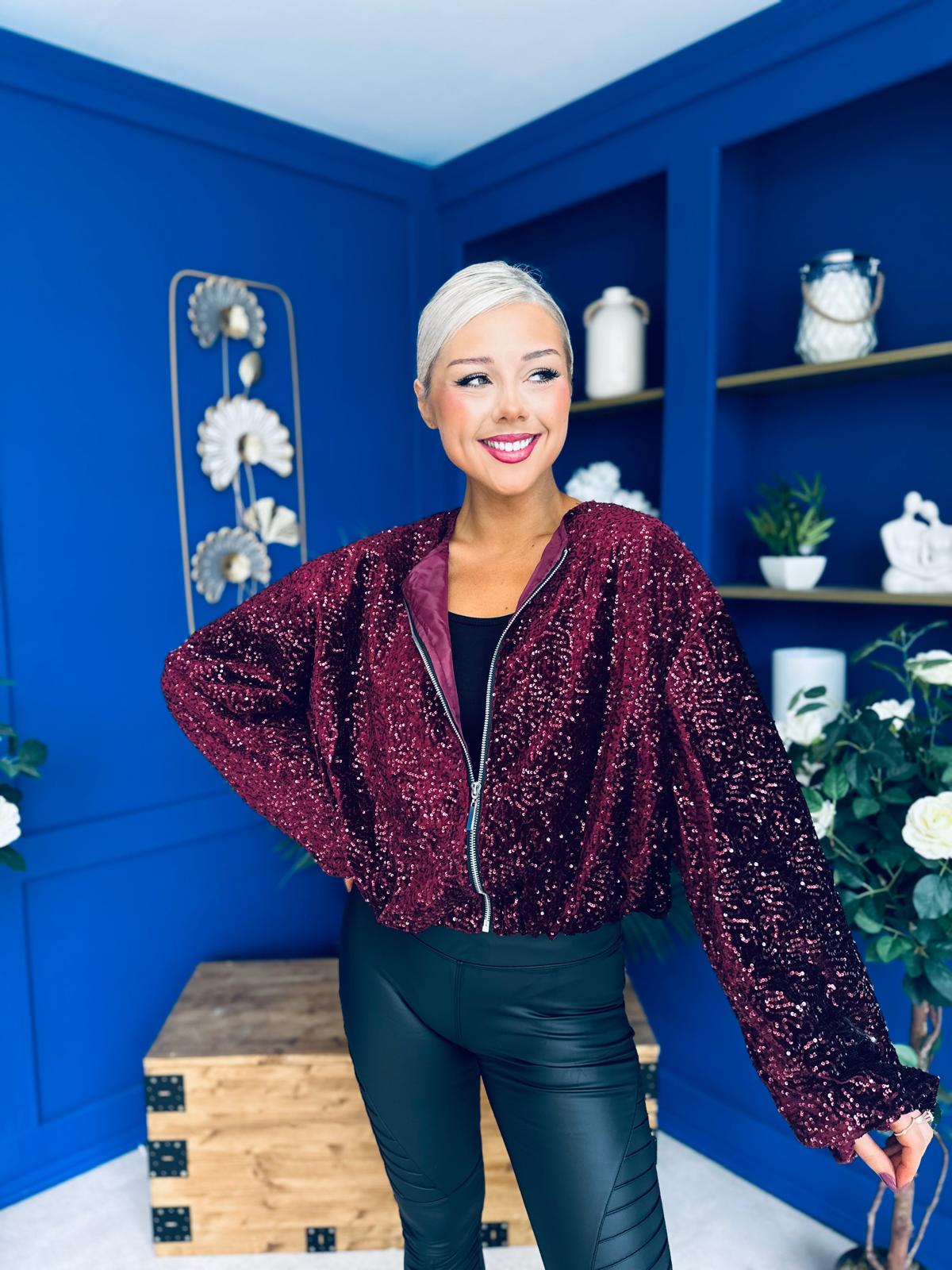 Cody Sequin Bomber Jacket Burgundy