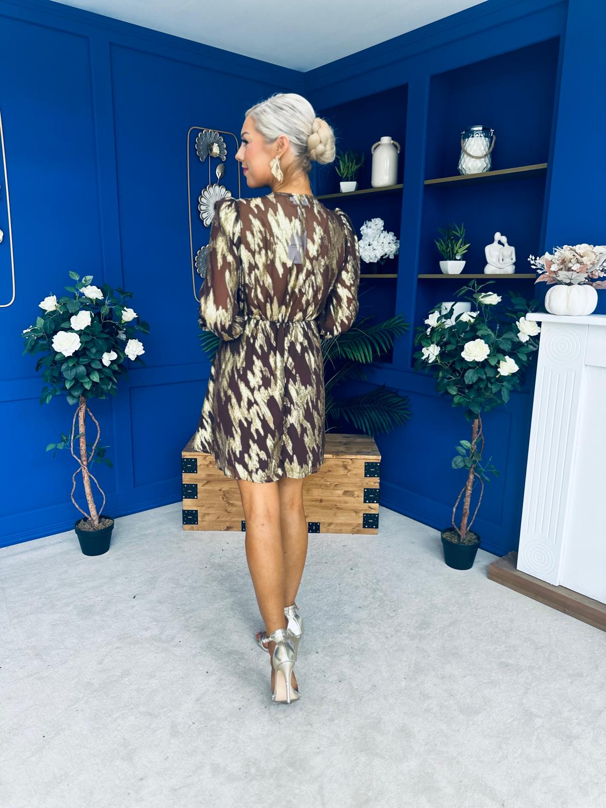 Helena Metallic Leaf Mini Dress Coco Pre Order 3 Oct