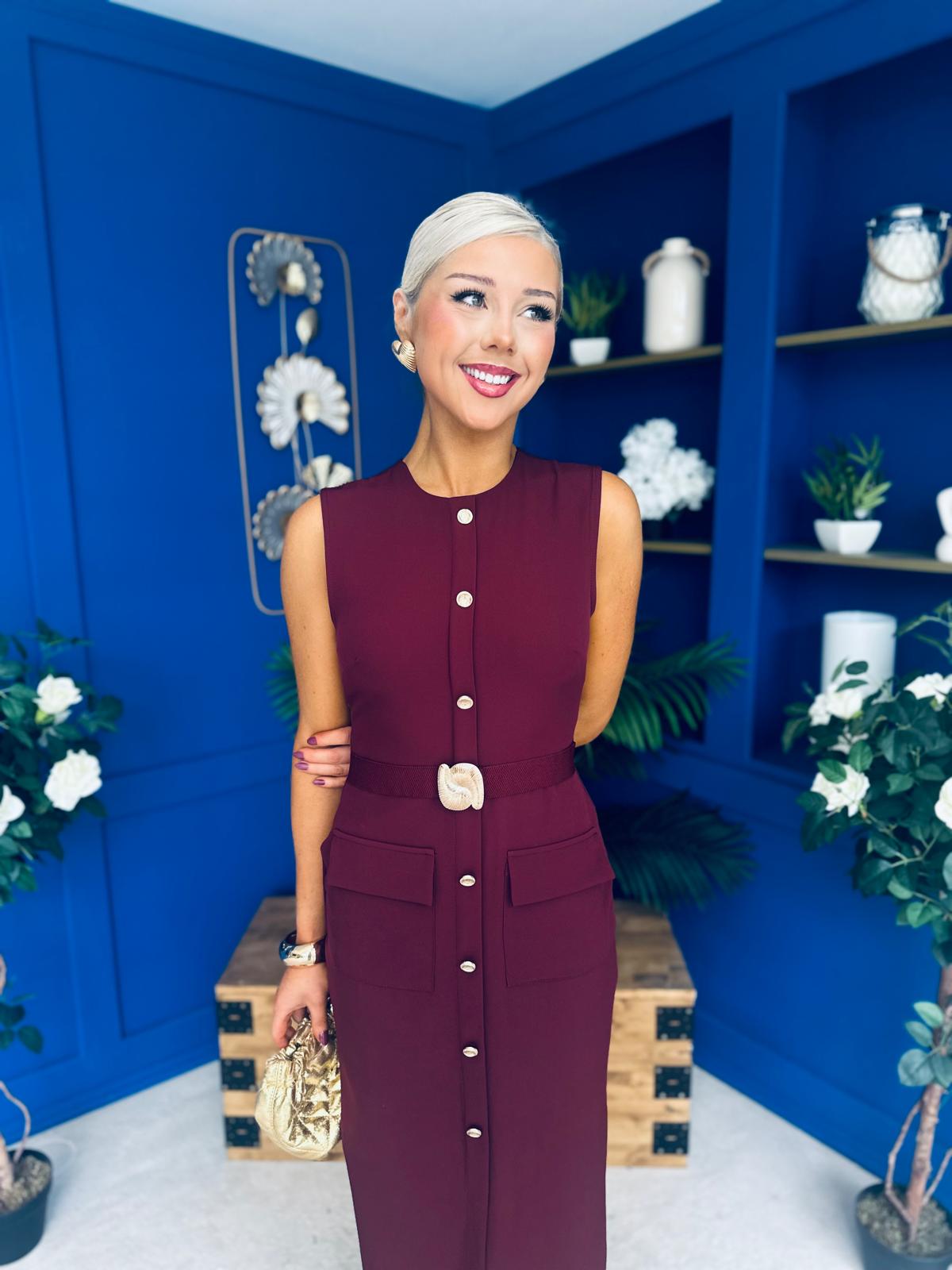 Sally Button Detail Midi Dress Burgundy