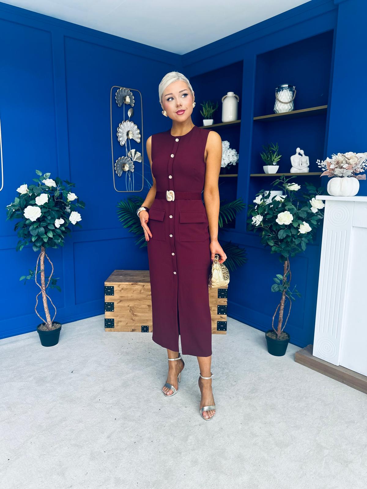 Sally Button Detail Midi Dress Burgundy