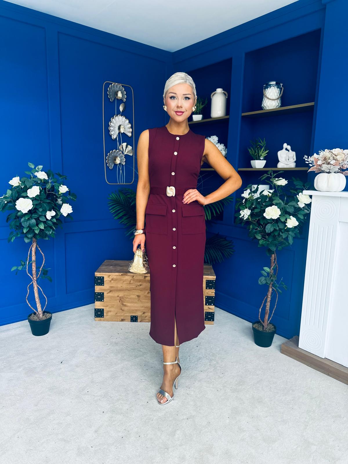 Sally Button Detail Midi Dress Burgundy