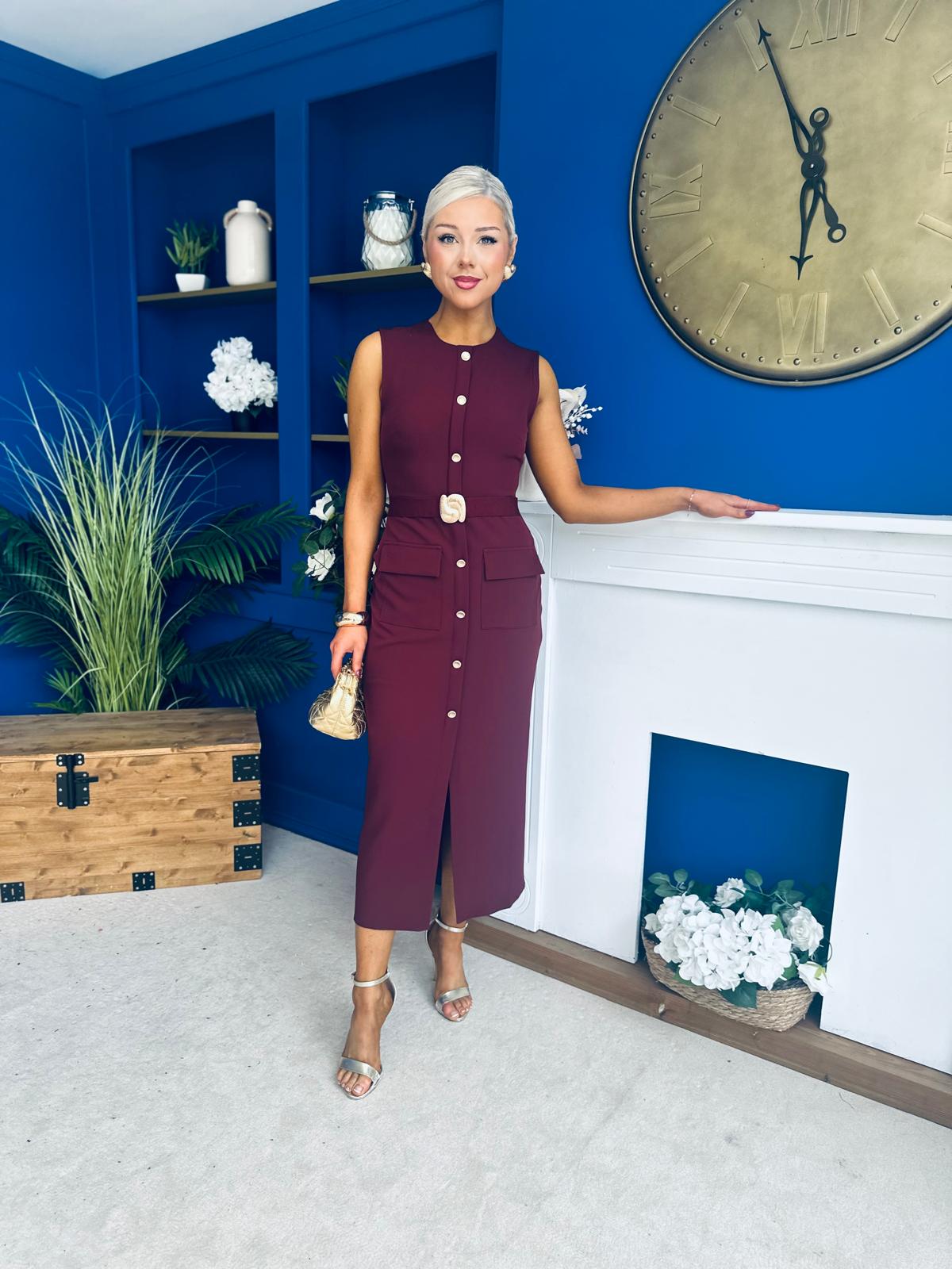 Sally Button Detail Midi Dress Burgundy
