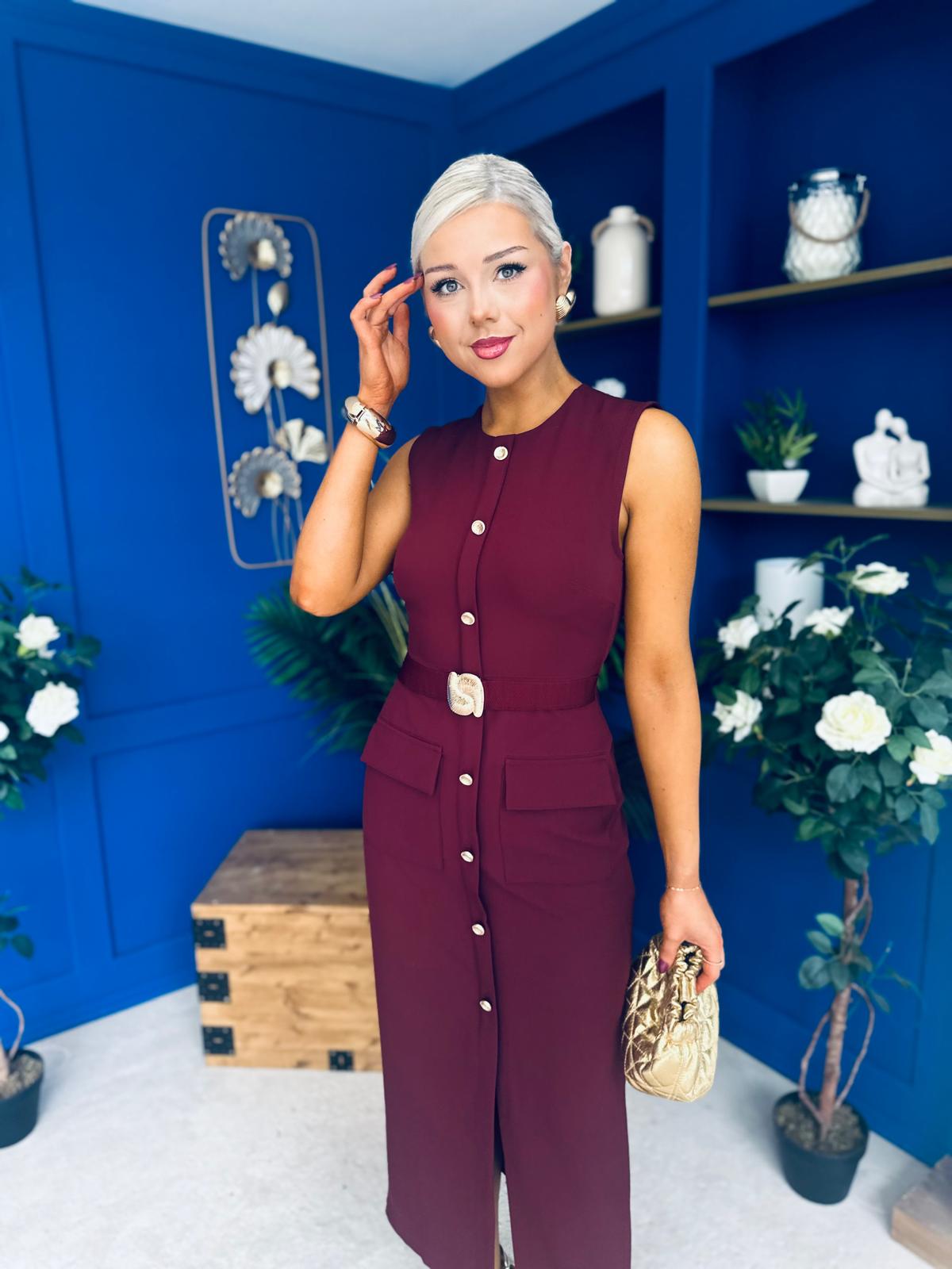 Sally Button Detail Midi Dress Burgundy