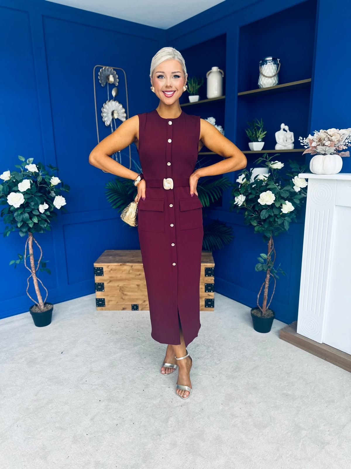 Sally Button Detail Midi Dress Burgundy