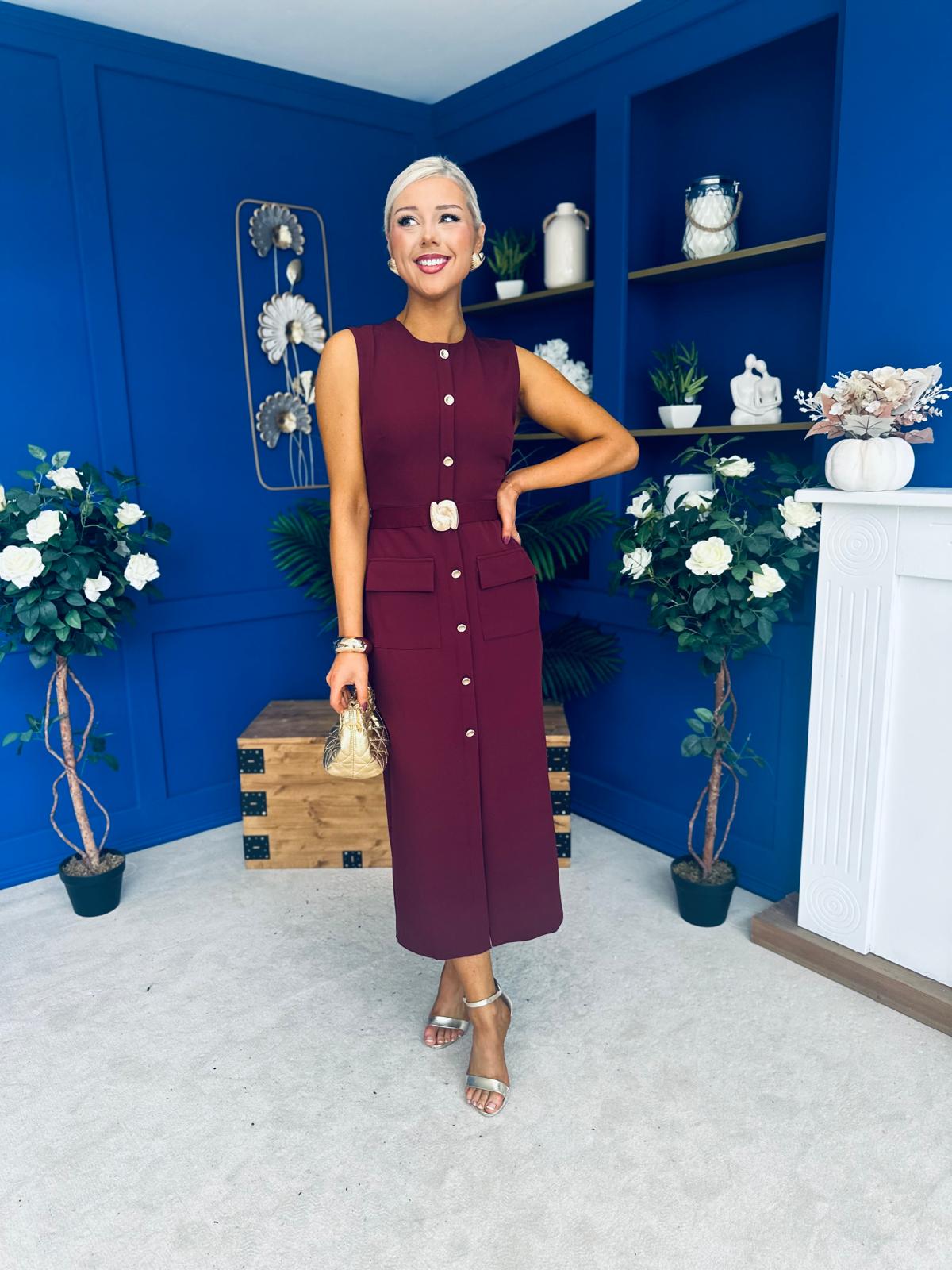 Sally Button Detail Midi Dress Burgundy
