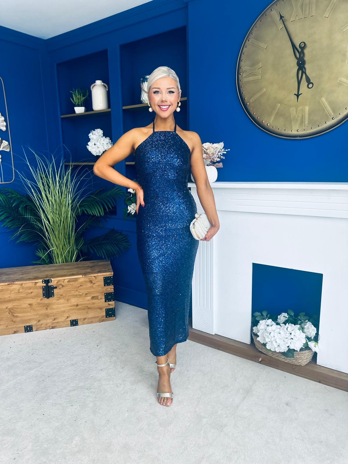 Aifric Sequin Slinky Dress Navy
