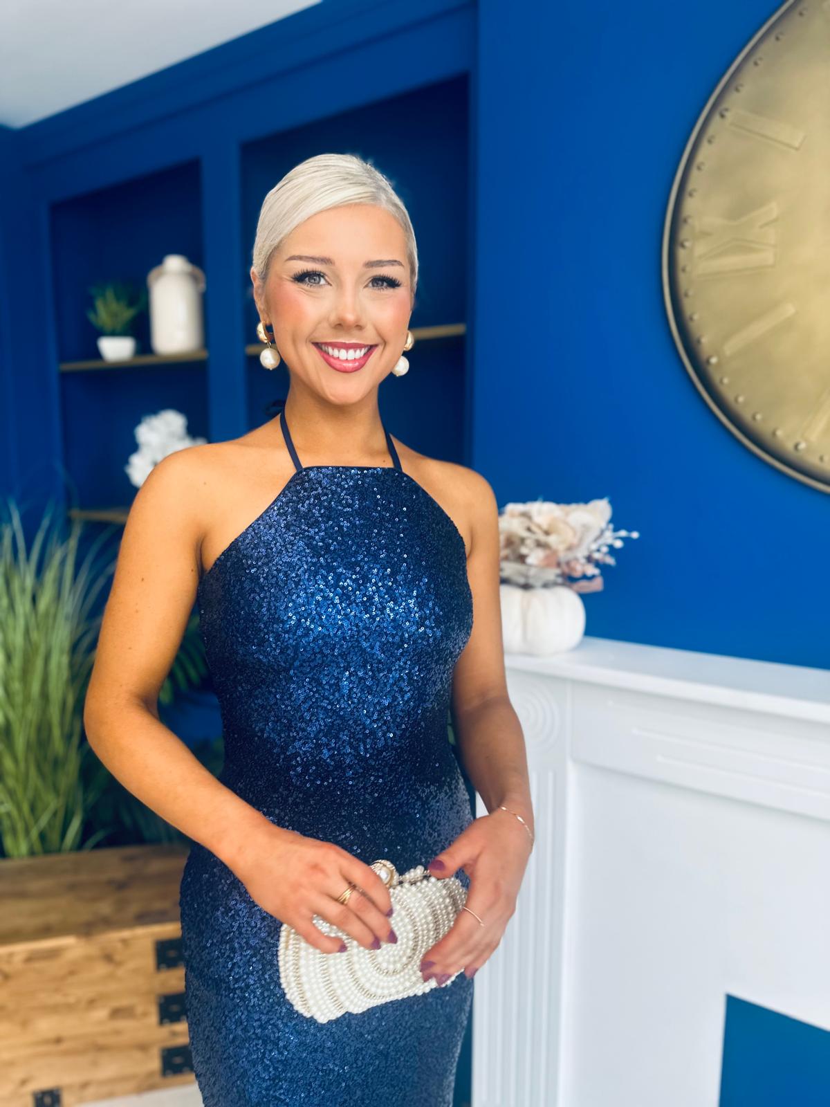 Aifric Sequin Slinky Dress Navy