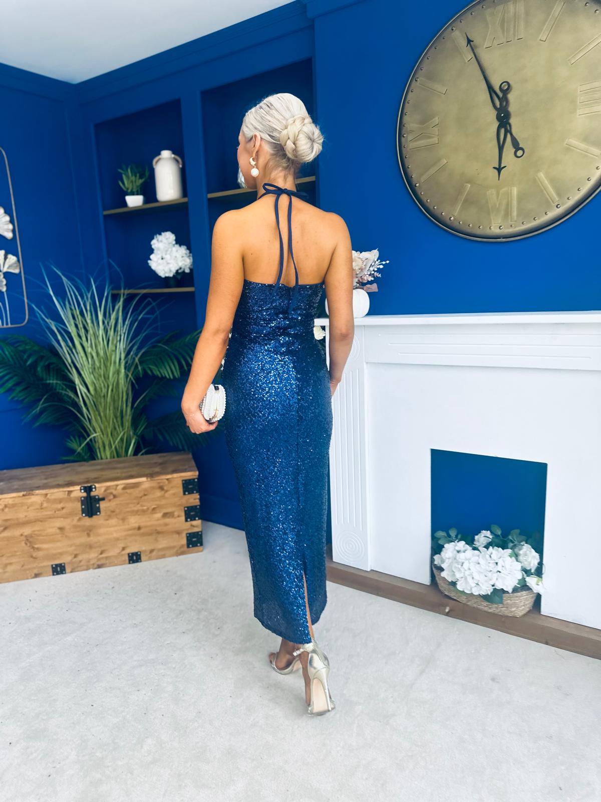 Aifric Sequin Slinky Dress Navy