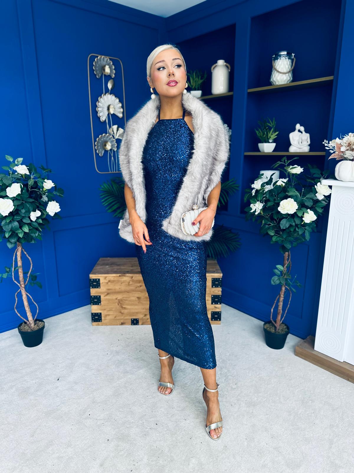 Aifric Sequin Slinky Dress Navy