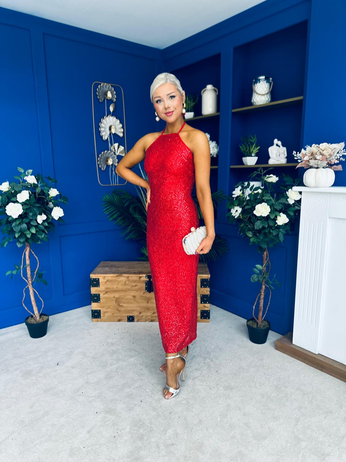 Aifric Sequin Slinky Dress Red