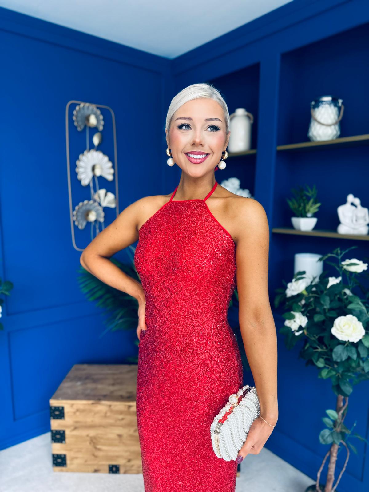 Aifric Sequin Slinky Dress Red