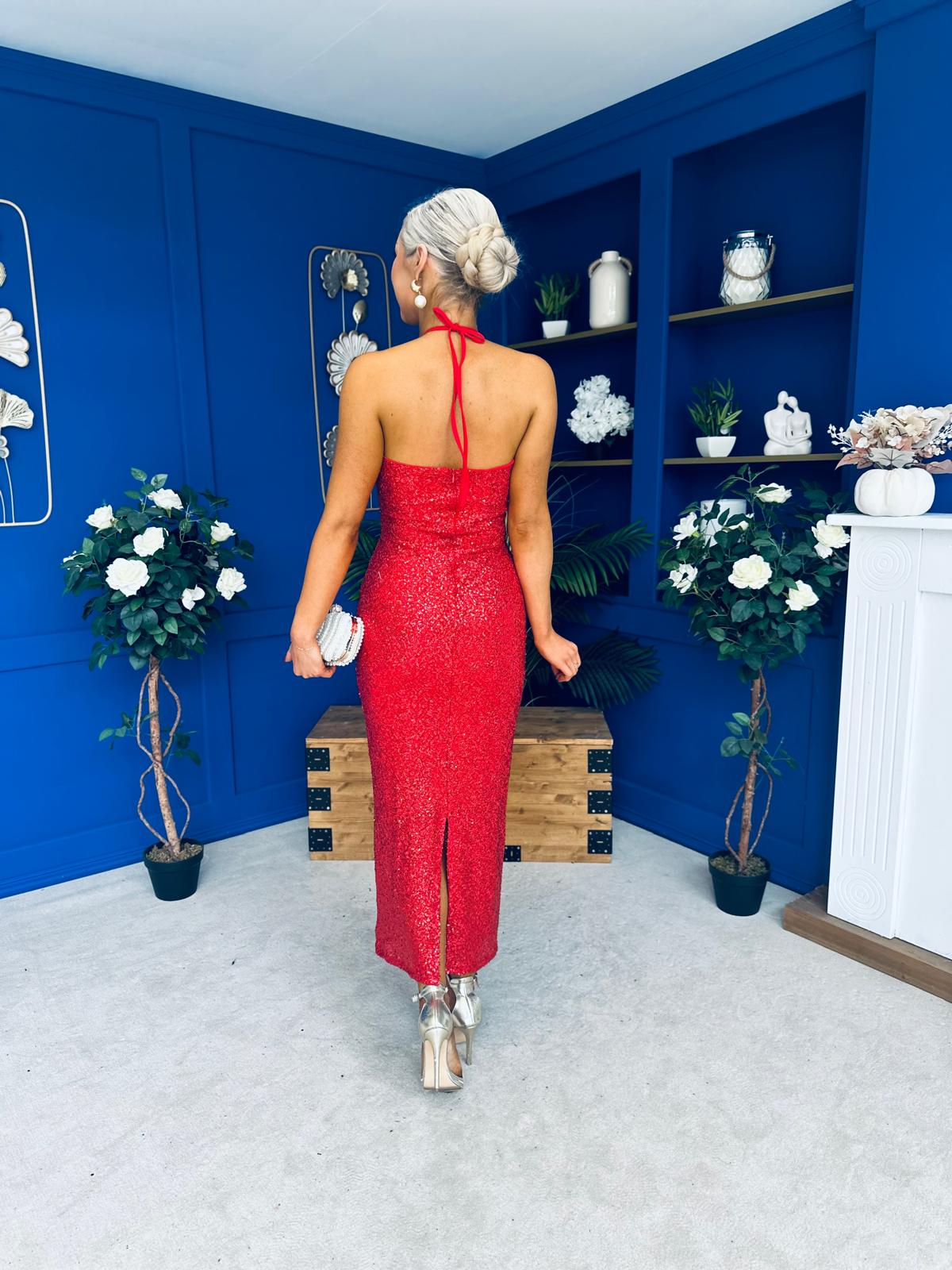 Aifric Sequin Slinky Dress Red