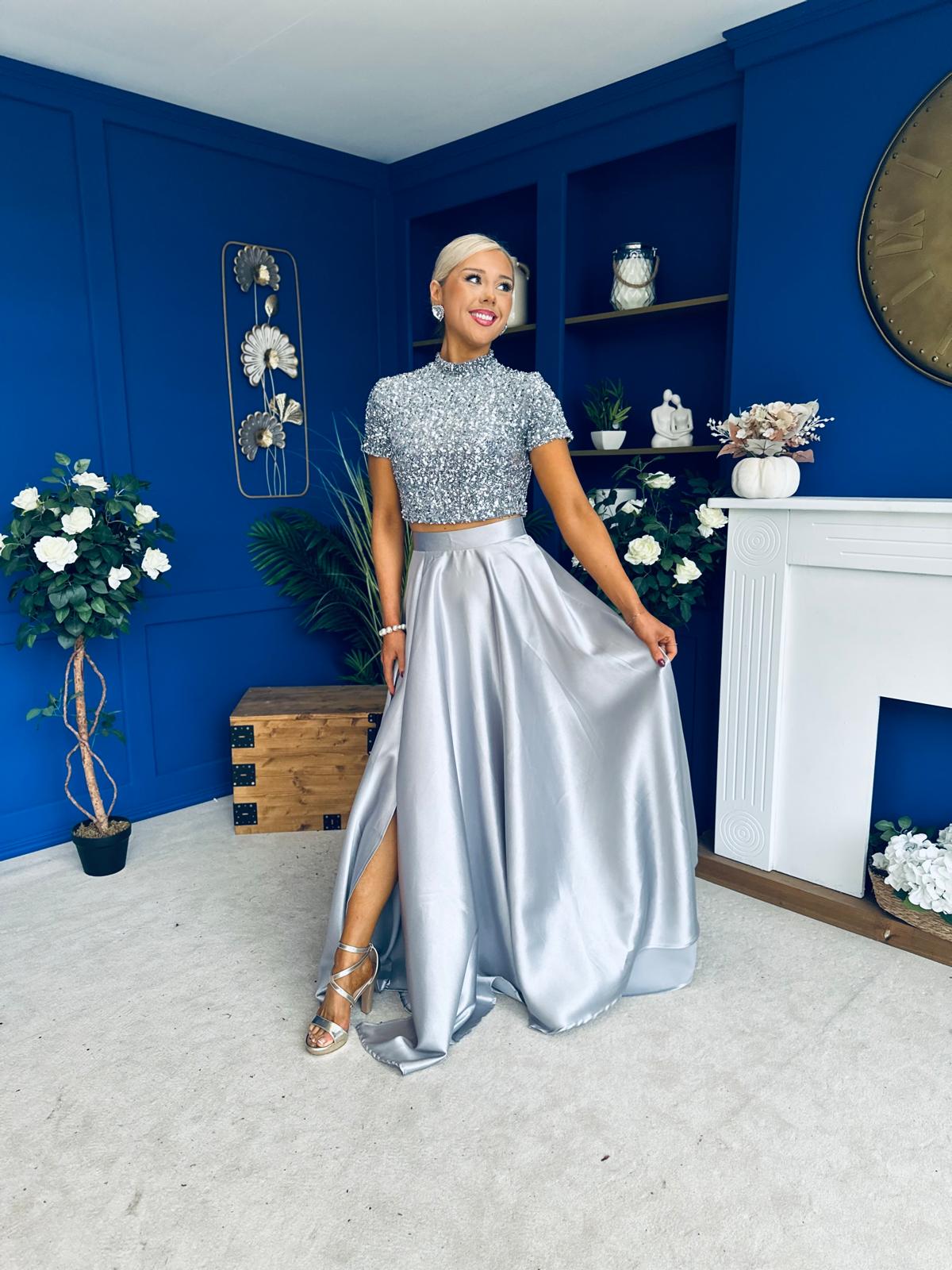 Kylie Satin Maxi Skirt Grey