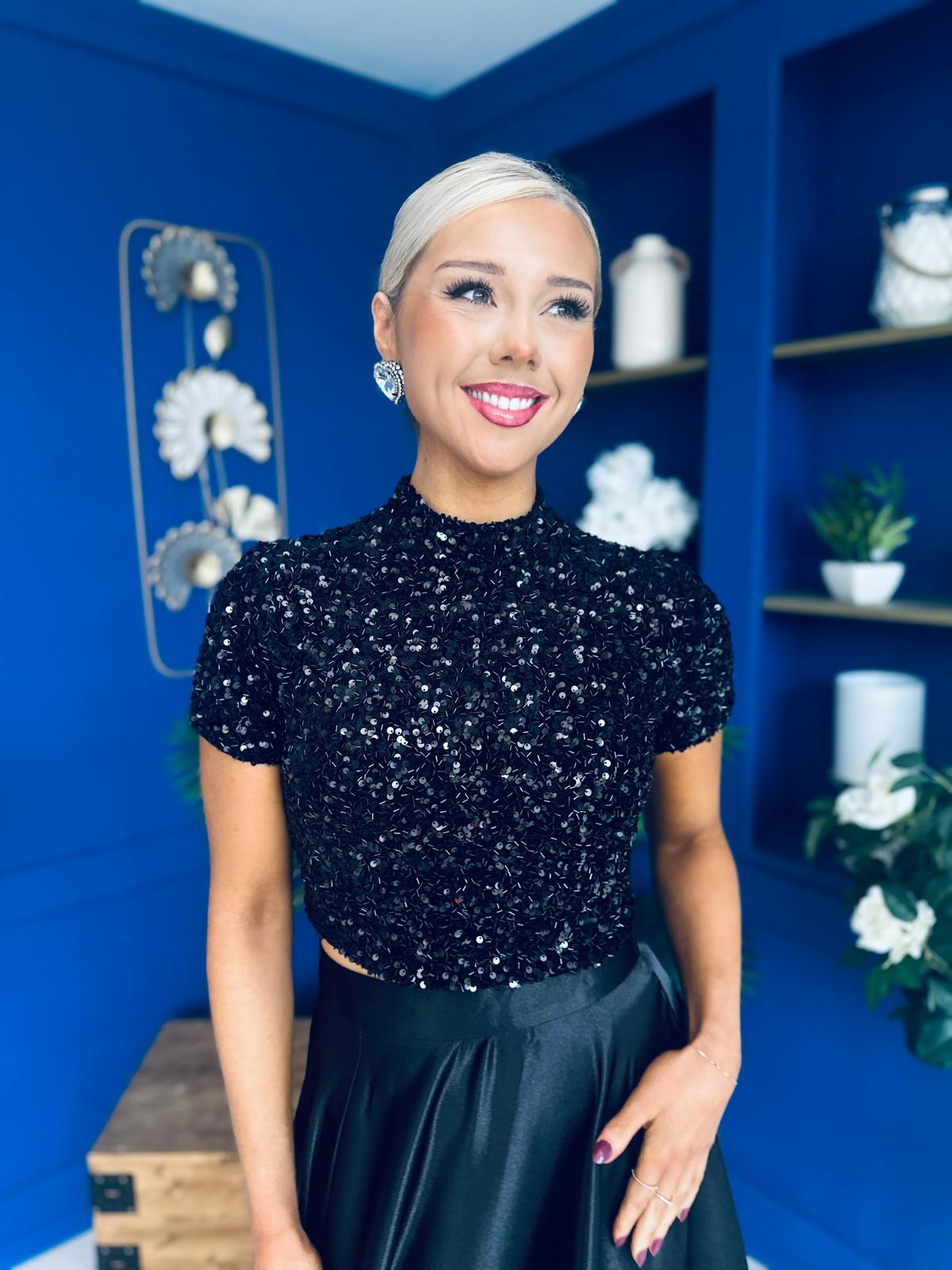 Kendra Detailed Sequin Top Black