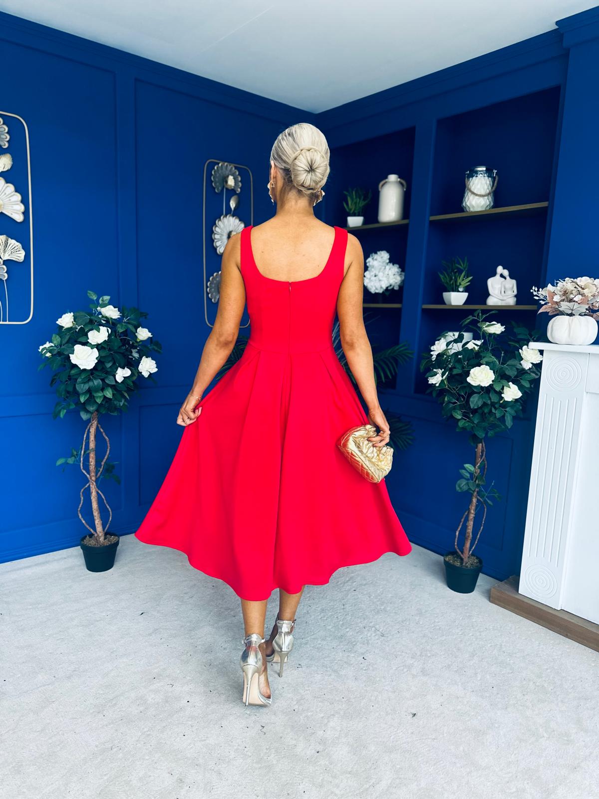 Erica Square Neck Midi Dress Red