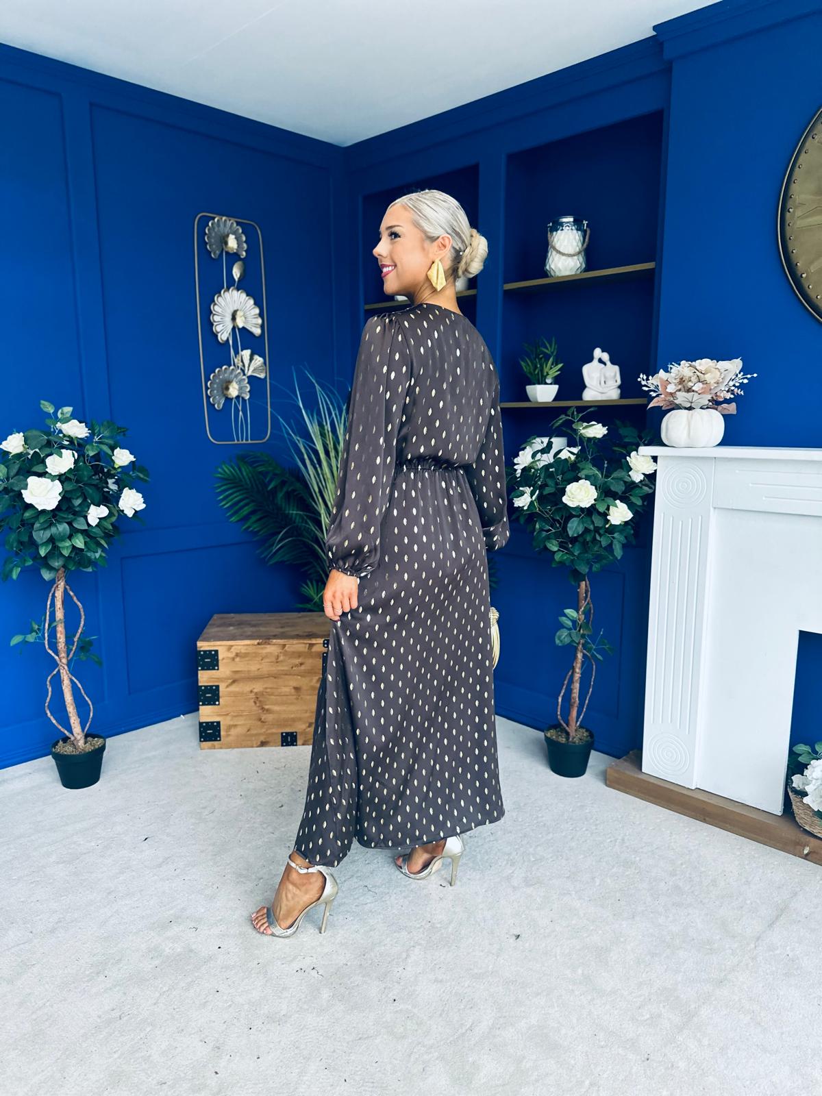 Lexie Gold Leaf Midi Dress Coffee Pre Order 7 Oct