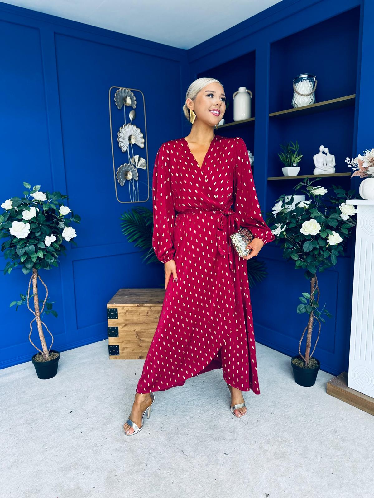 Lexie Gold Leaf Midi Dress Wine Pre Order 7 Oct