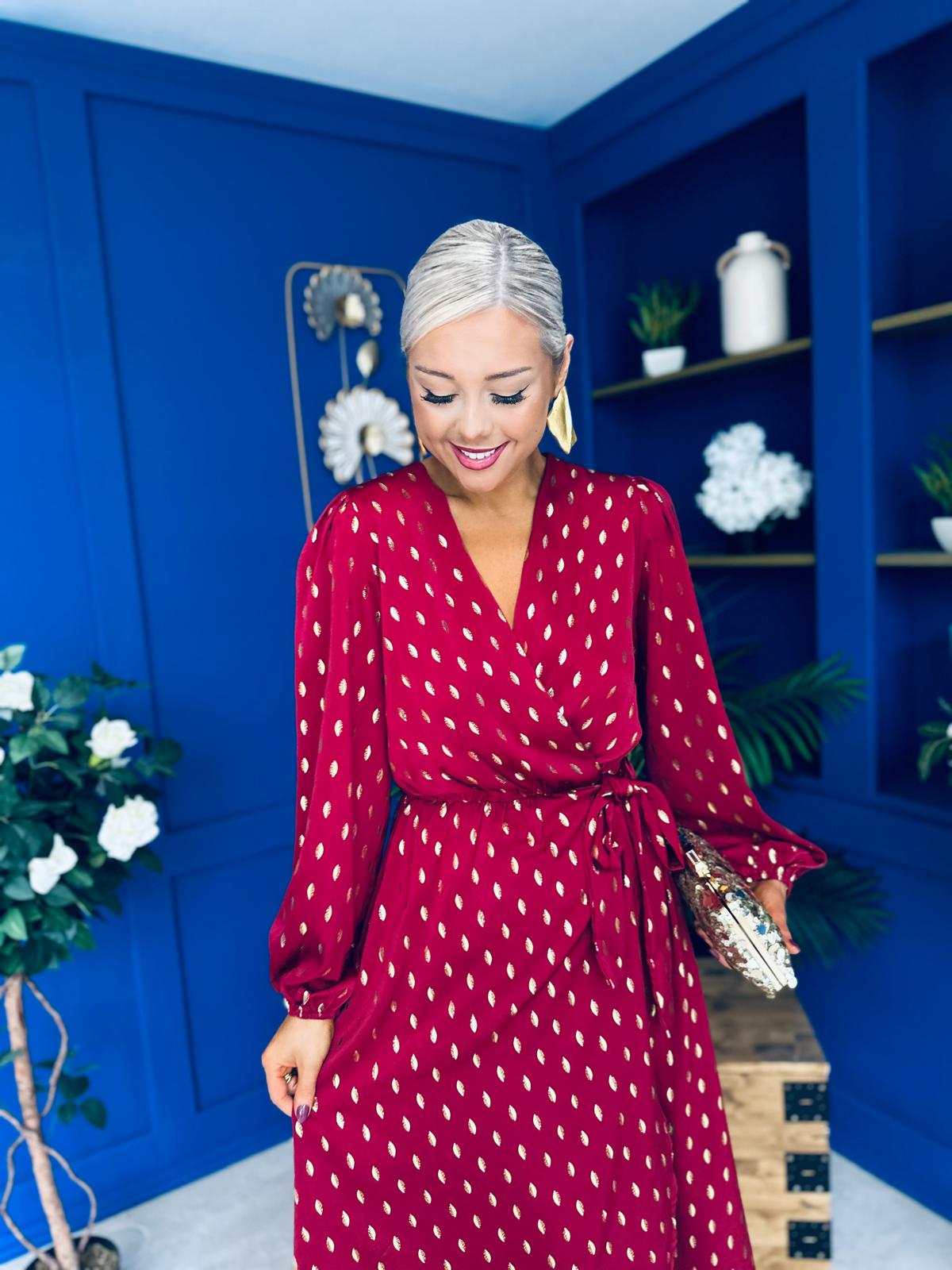 Lexie Gold Leaf Midi Dress Wine Pre Order 7 Oct