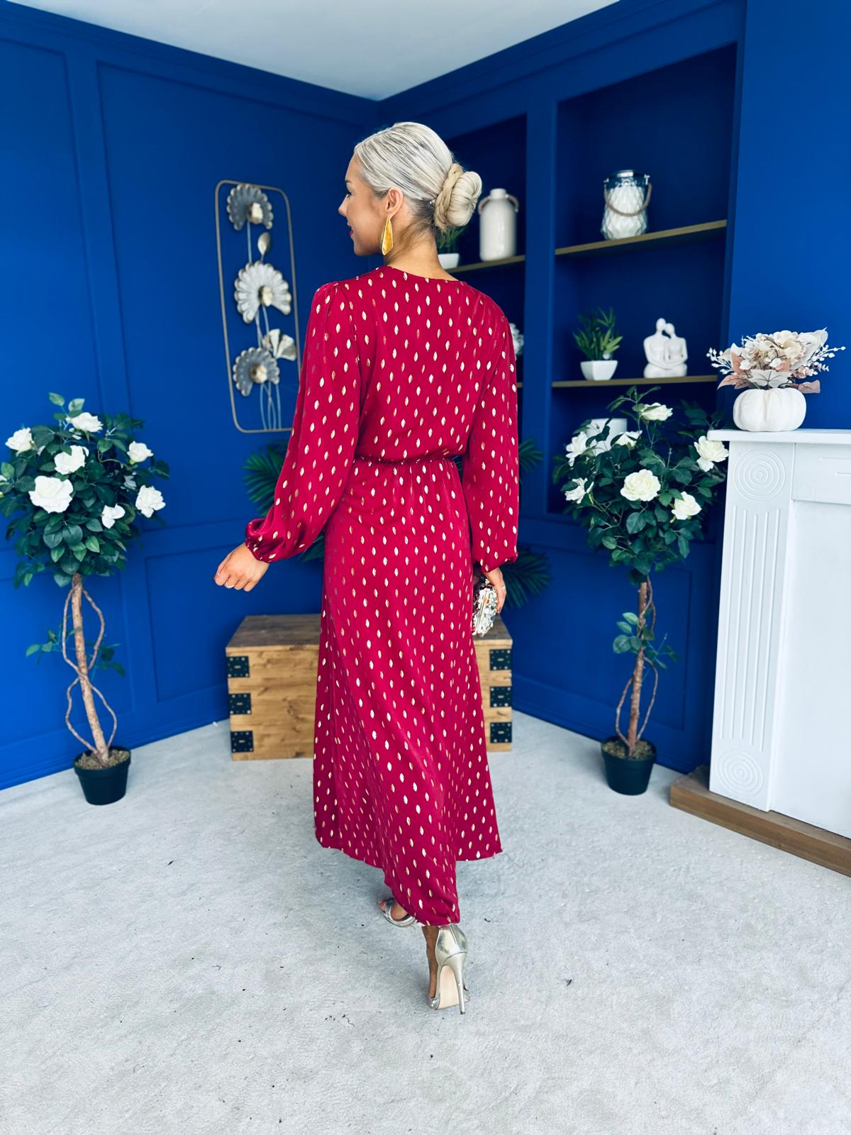 Lexie Gold Leaf Midi Dress Wine Pre Order 7 Oct