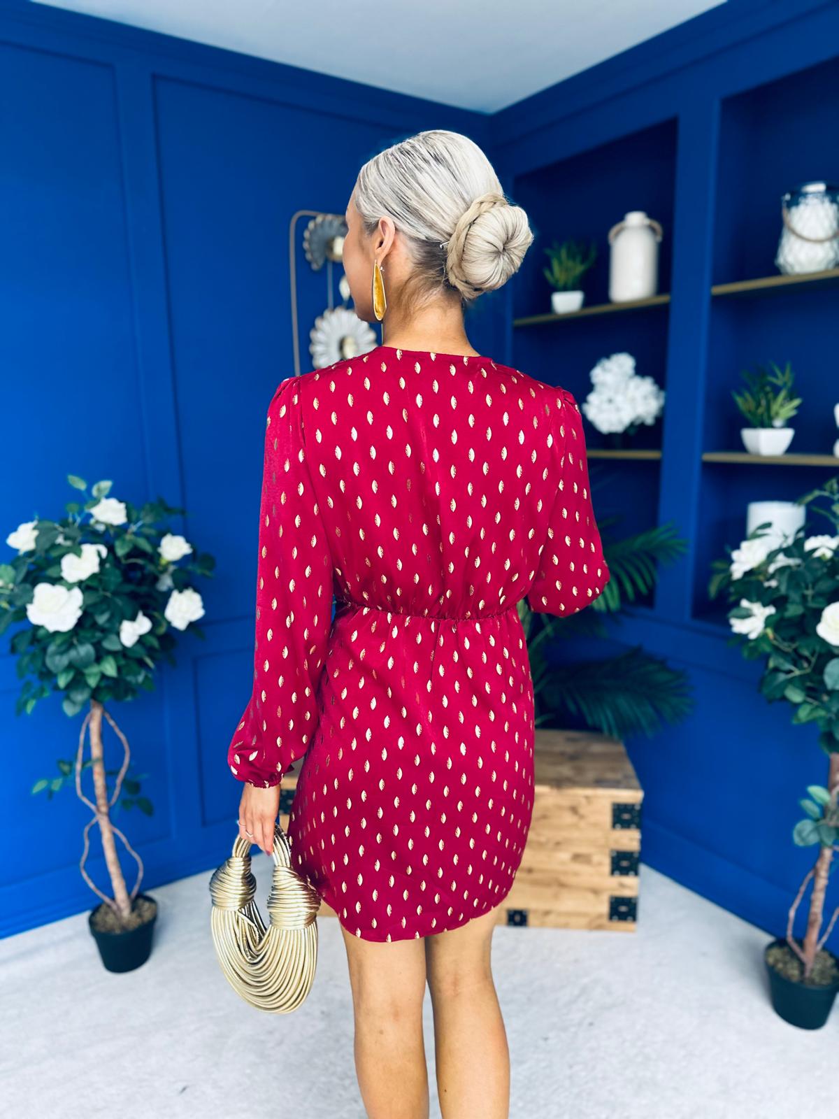 Cait Gold Leaf Mini Dress Wine