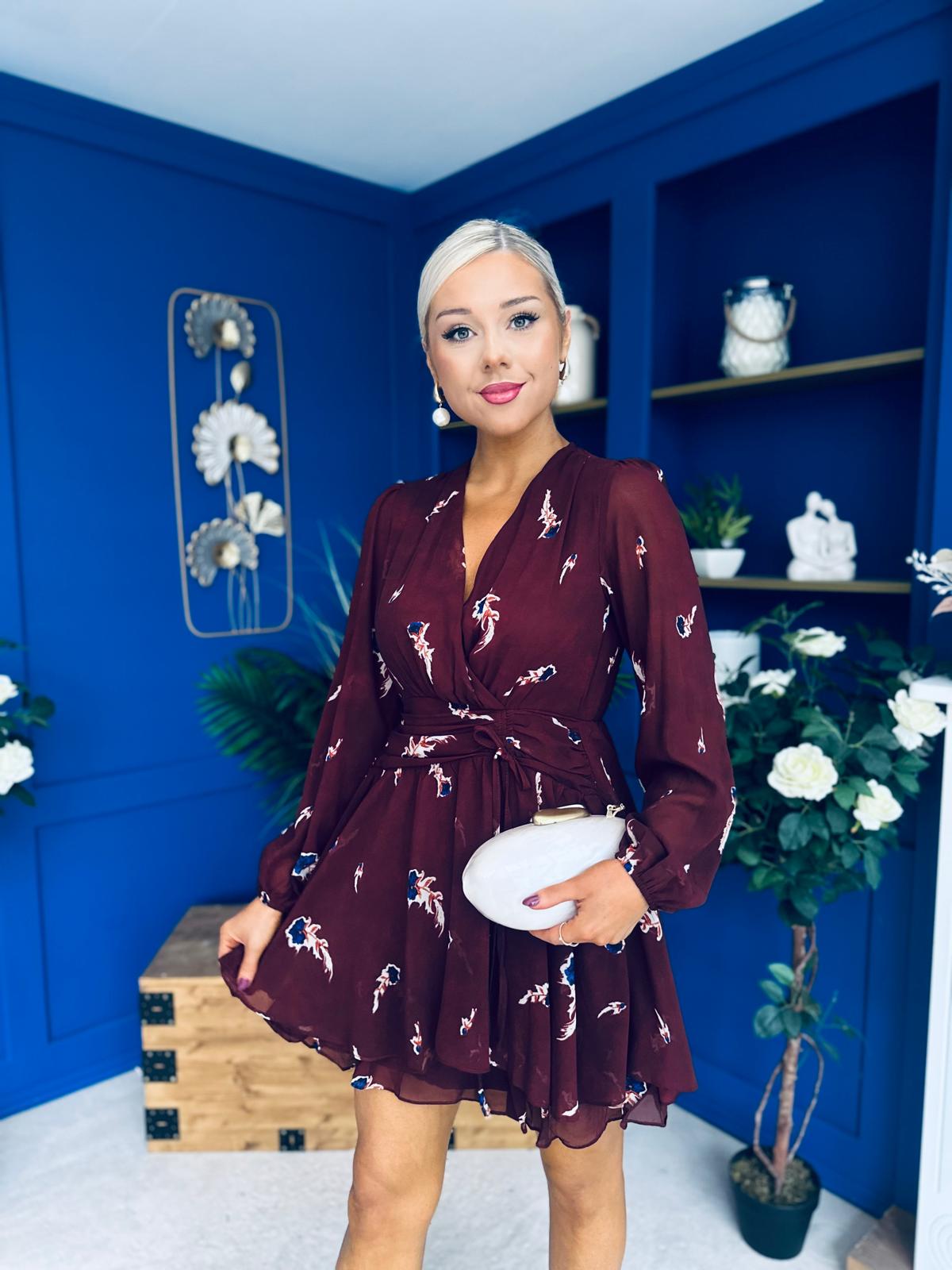 Esme Banded Mini Dress Floral Wine