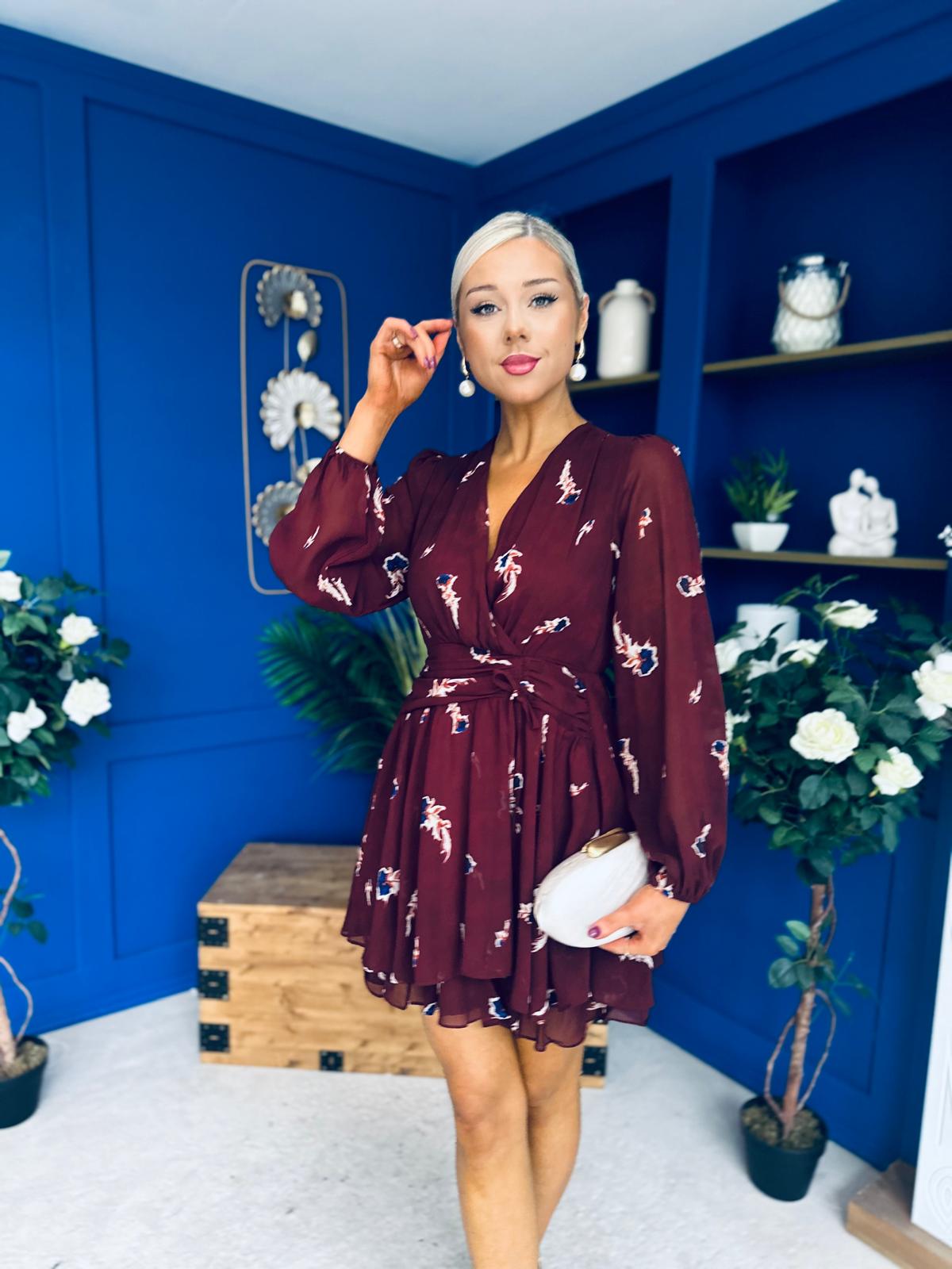 Esme Banded Mini Dress Floral Wine