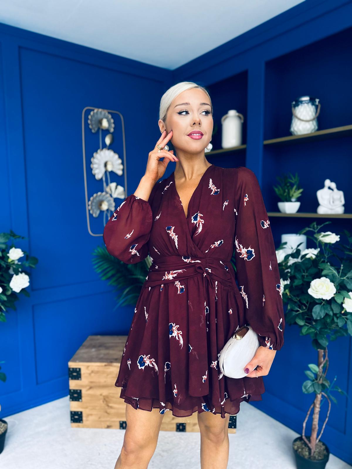 Esme Banded Mini Dress Floral Wine