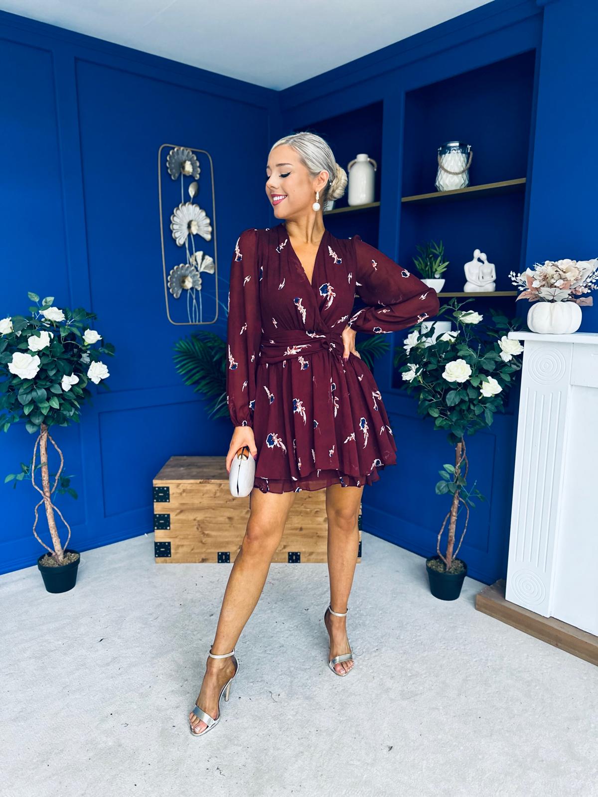 Esme Banded Mini Dress Floral Wine