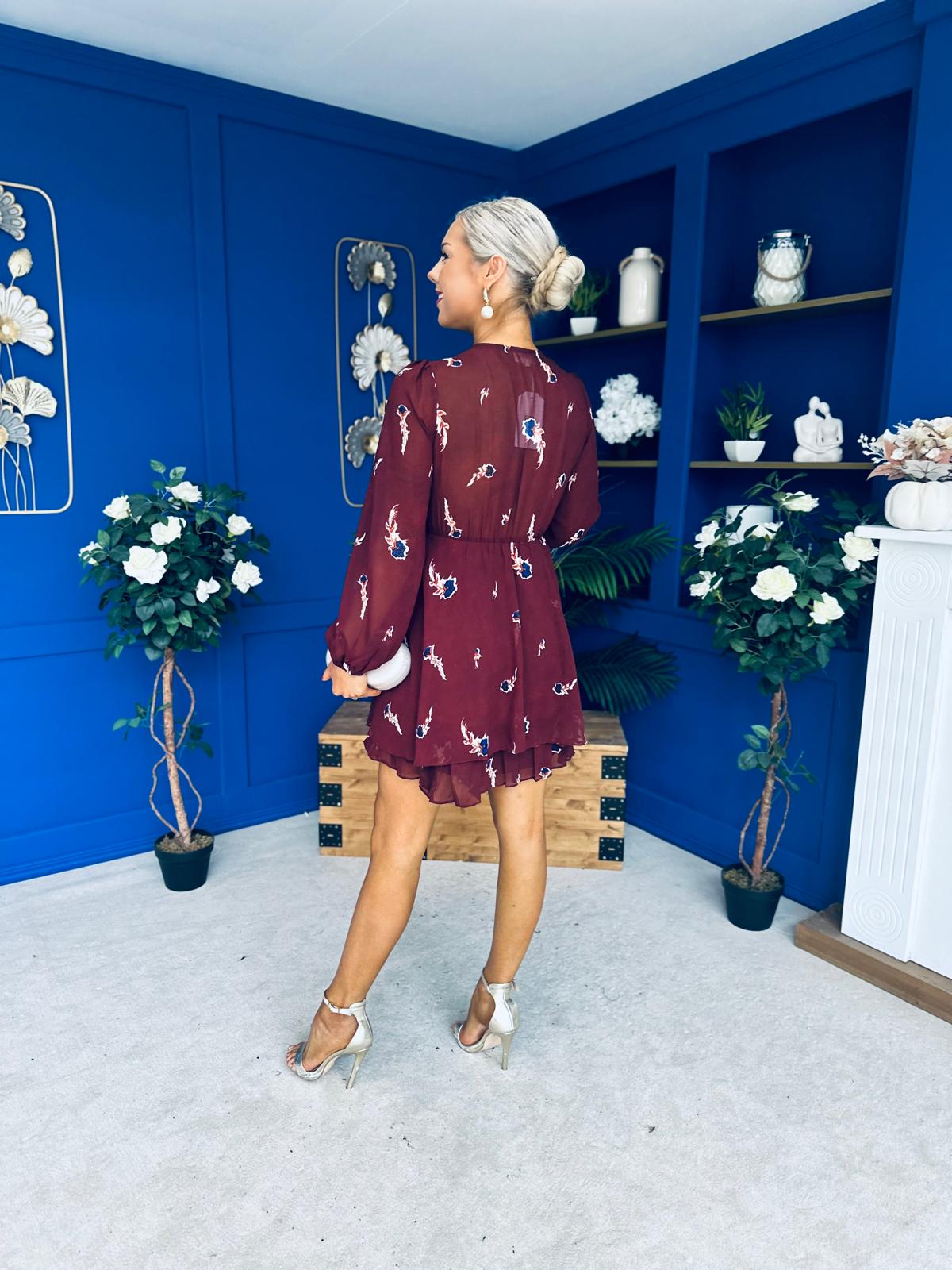 Esme Banded Mini Dress Floral Wine
